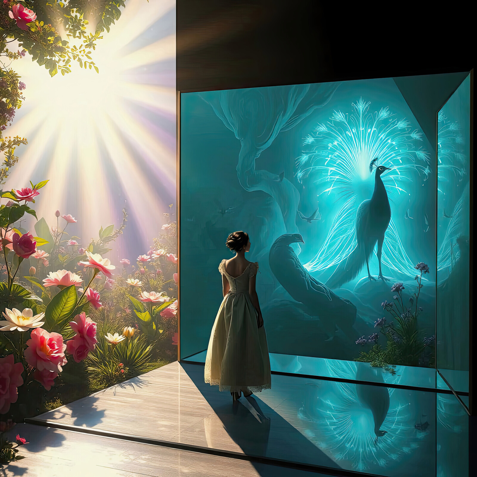 Enchanting realization of nature's beauty as a peacock emerges from the glowing backdrop in a serene garden setting