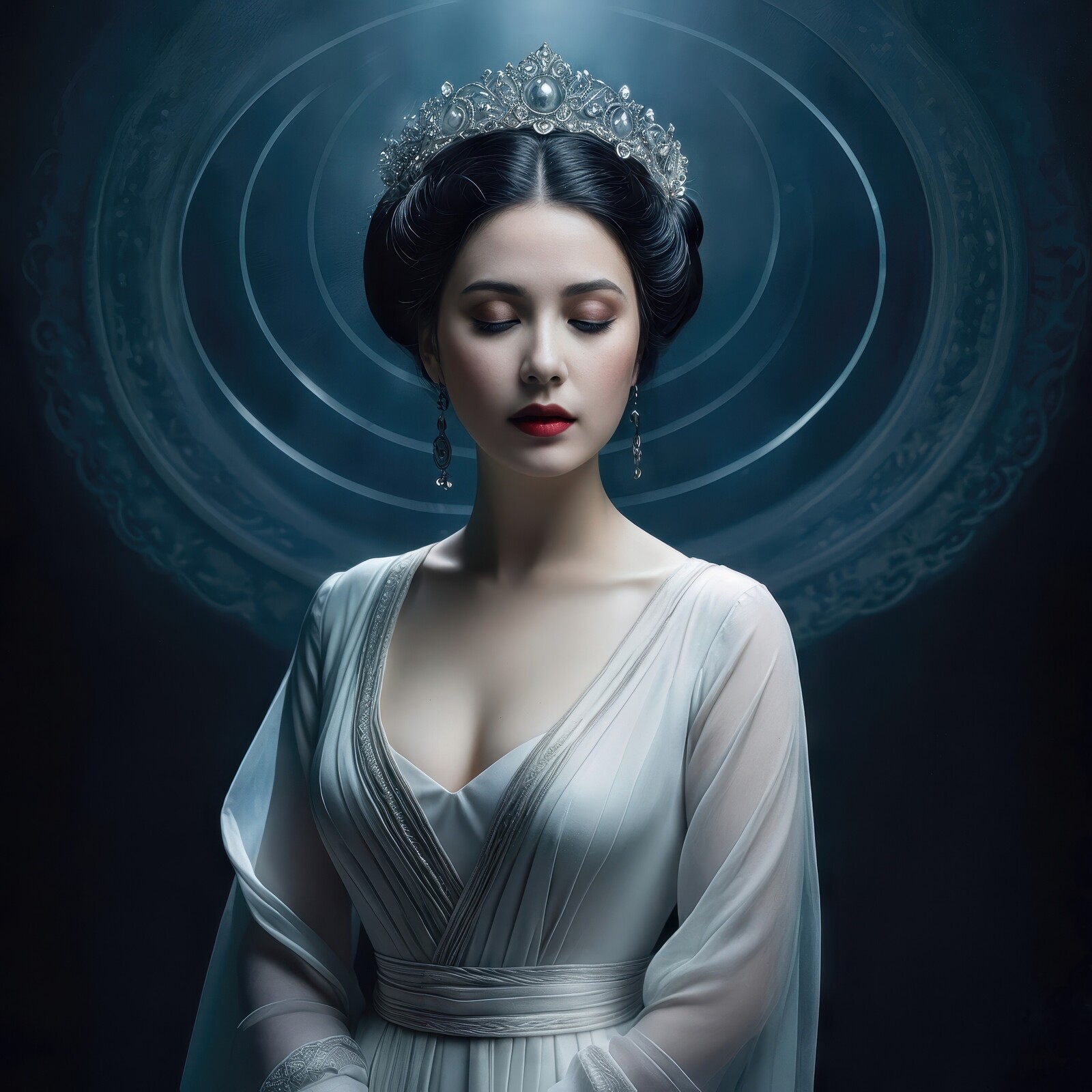 Enigmatic beauty in a luminous gown illuminated by ethereal light in a serene atmosphere