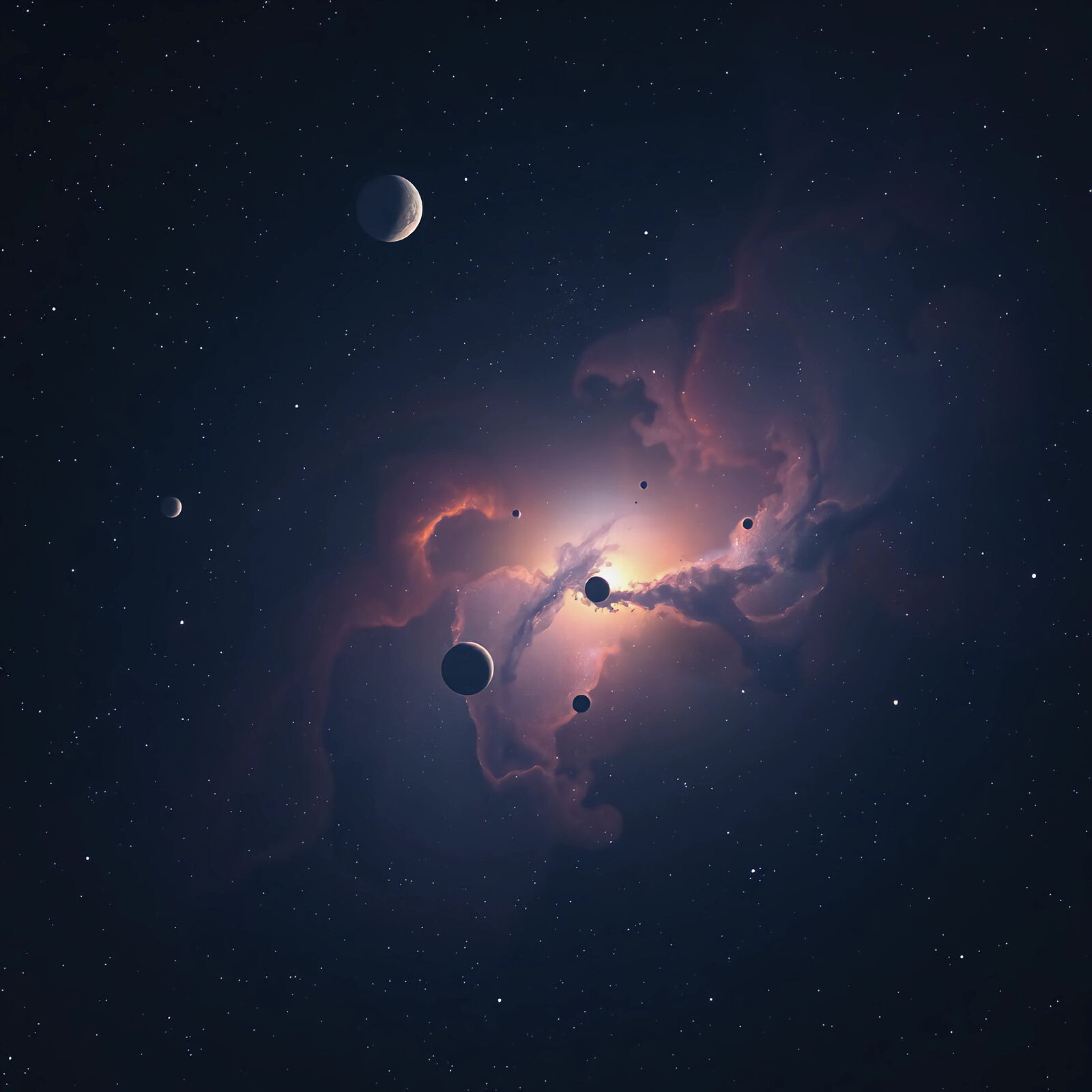 Vivid cosmic dance of planets and stars illuminated by a swirling nebula gas cloud