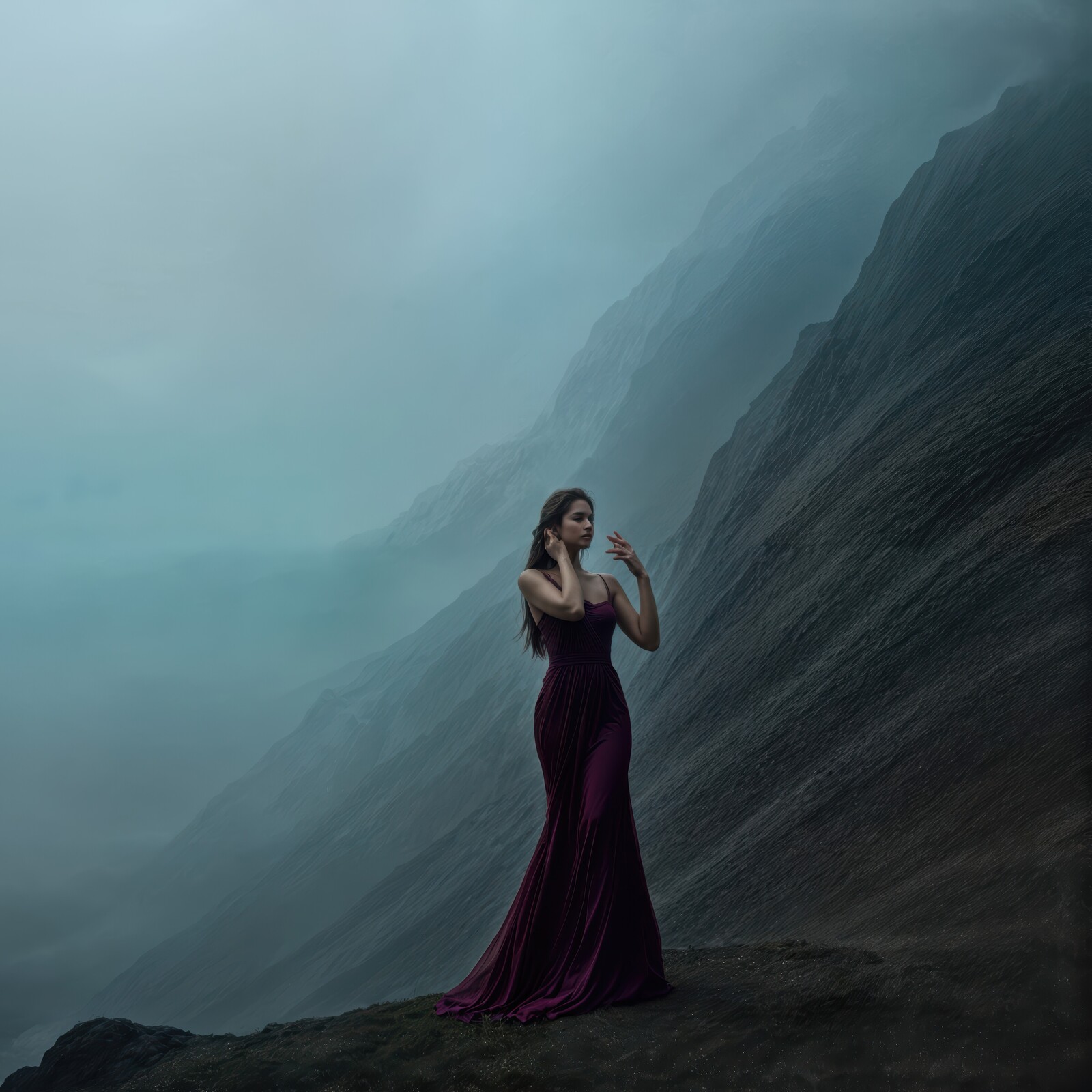 Capturing ethereal woman against tranquil mountain mist in an enchanting dusk