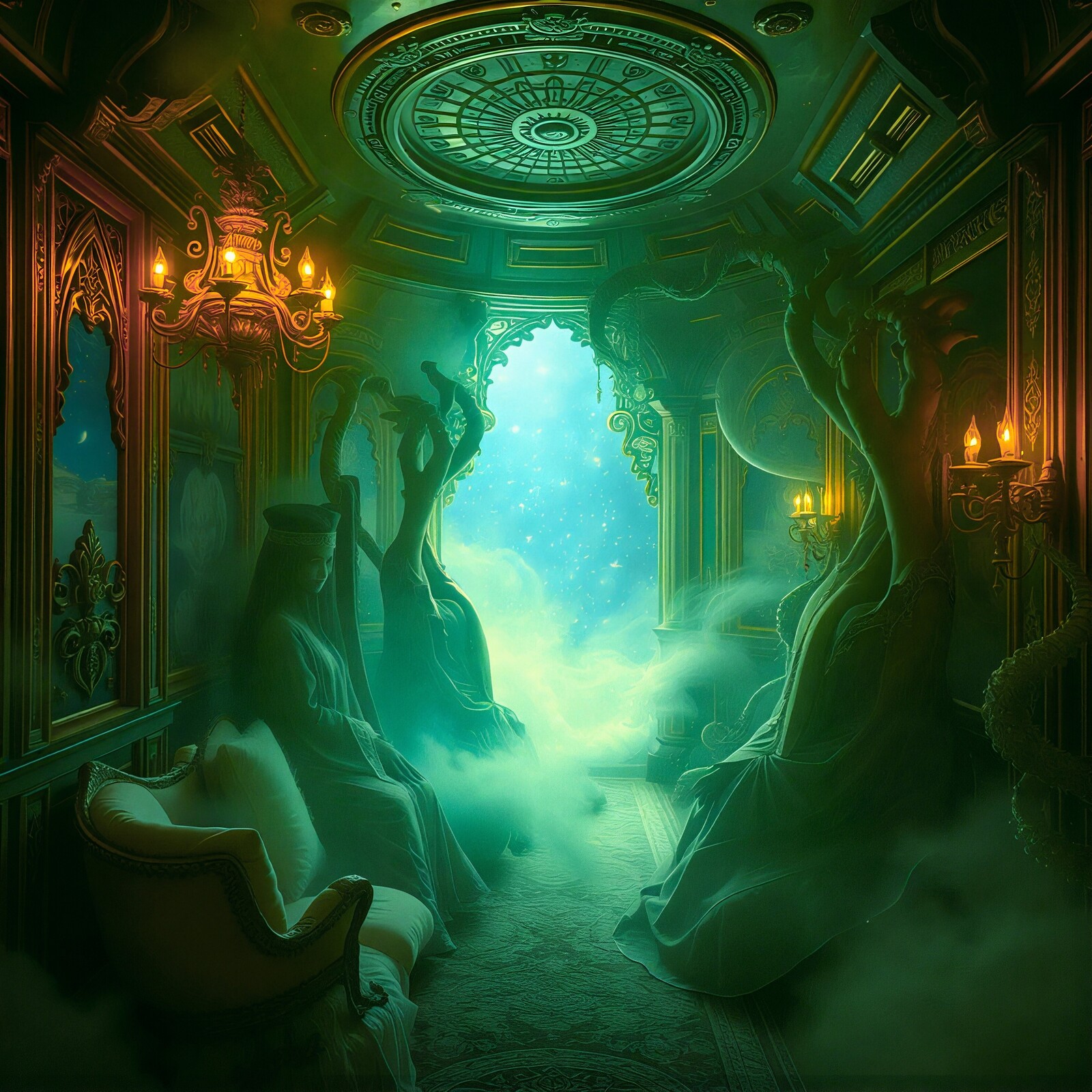 Mysterious corridor illuminated by ethereal light and enveloped in mist