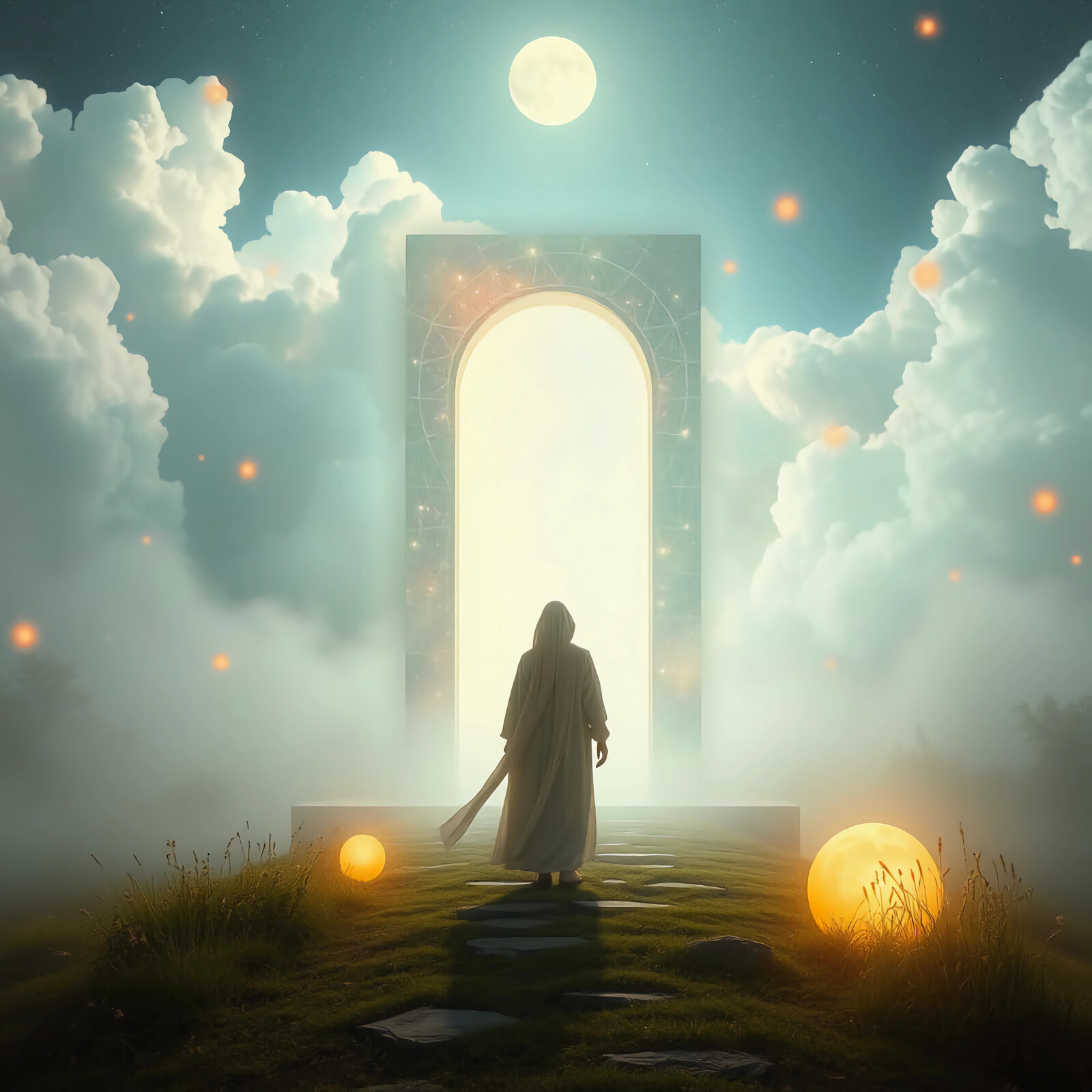 Mystical figure approaching an ethereal doorway under a starry sky at dusk