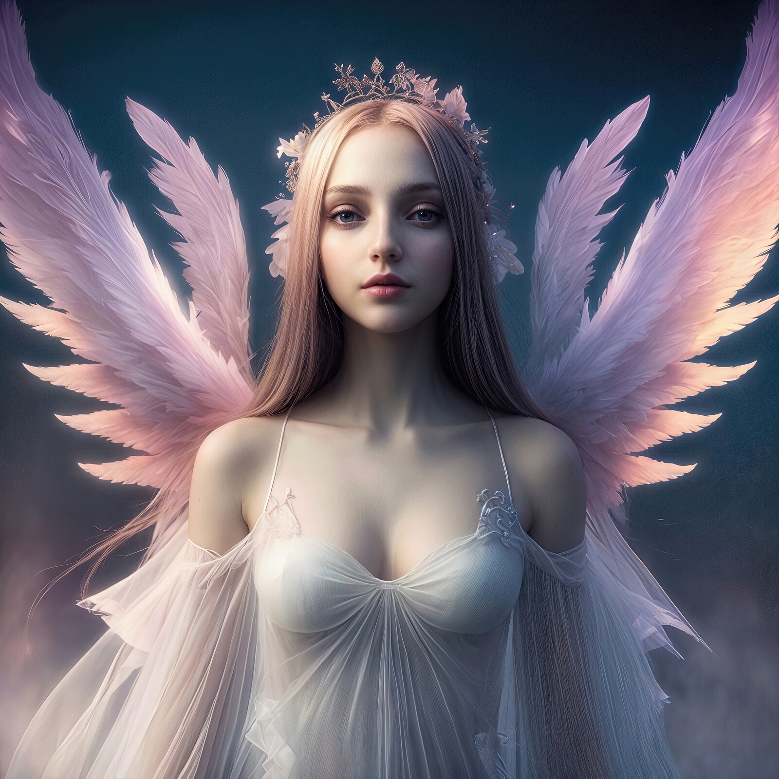 Ethereal angel with delicate wings and enchanting gaze in a mystical landscape at twilight