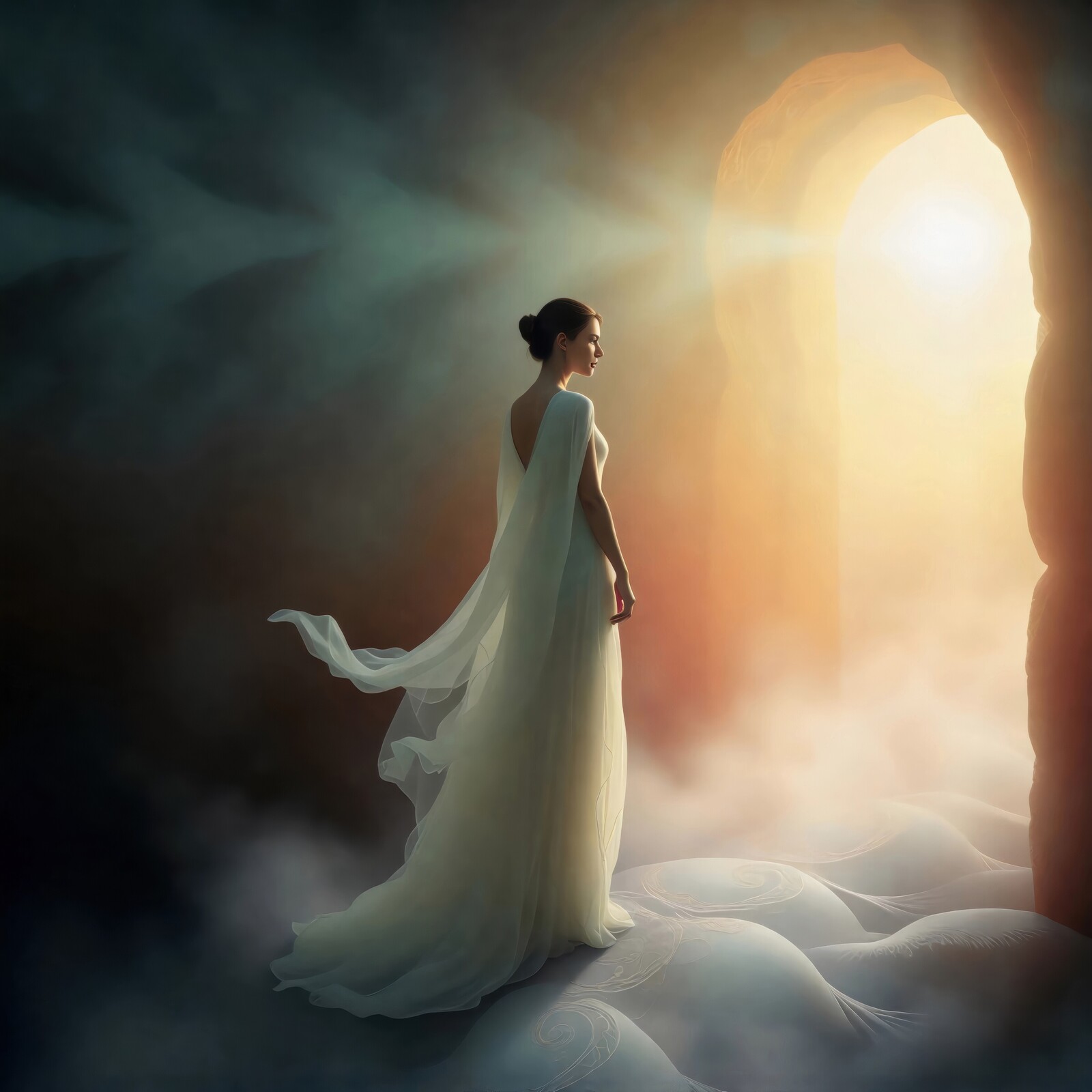 Ethereal woman in flowing gown stands before radiant doorway at dawn