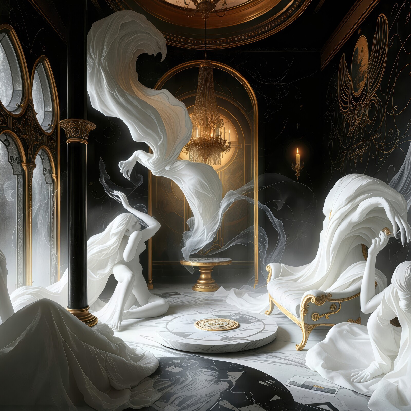 Striking ethereal figures envelop a lavish room, intertwining elegance and mystery in a surreal interaction