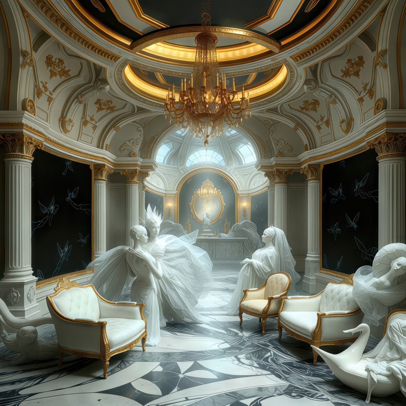 Majestic ballet of ethereal figures in opulent palace room with elegant decor