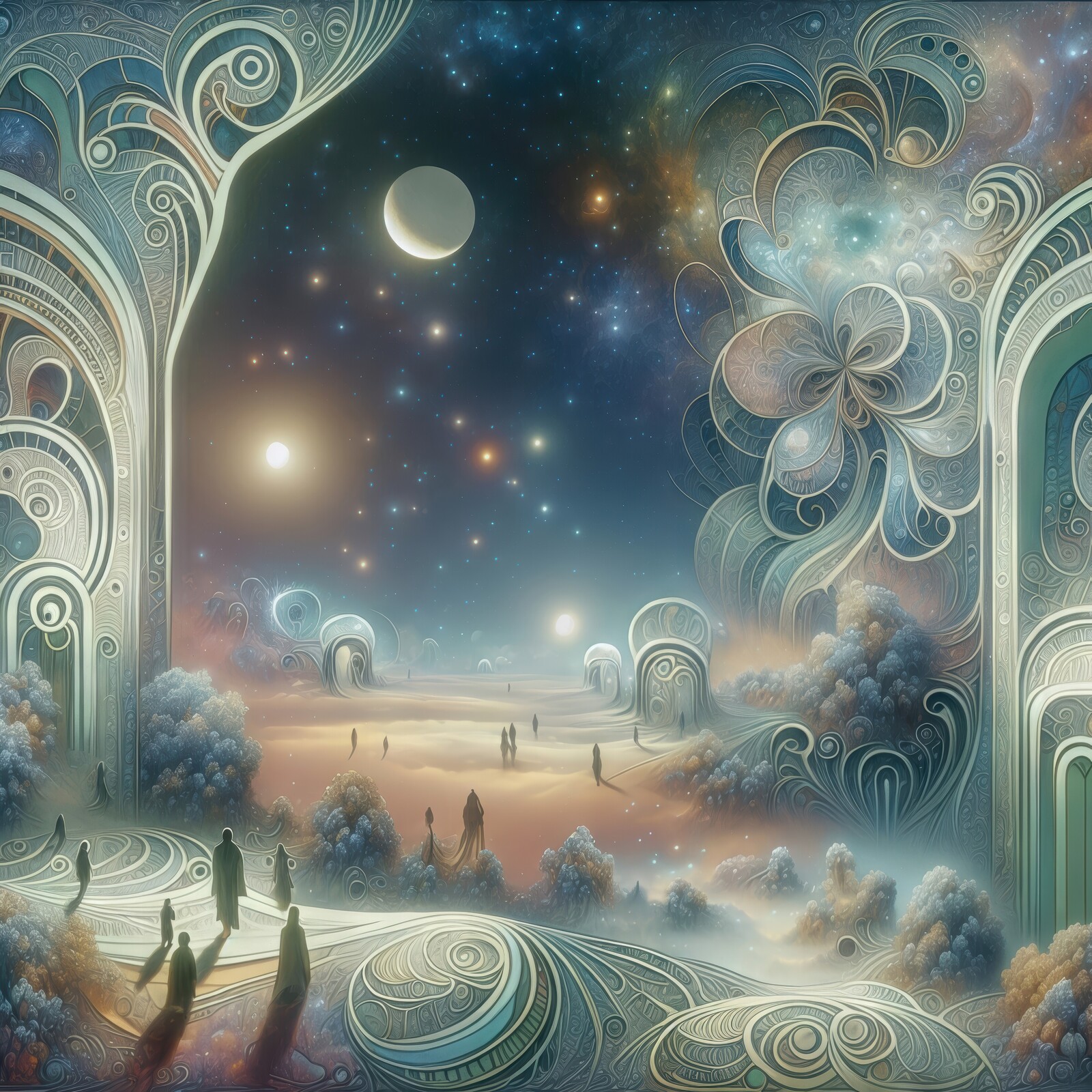 Mysterious journey through an ethereal landscape filled with cosmic wonders and artistic motifs