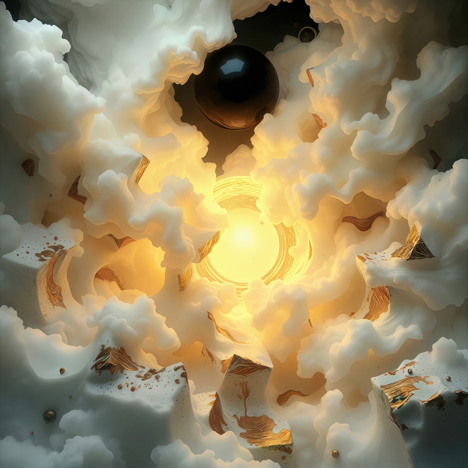 Ethereal light emerges from a swirling cloud of cosmic textures and shadows in a dreamlike setting