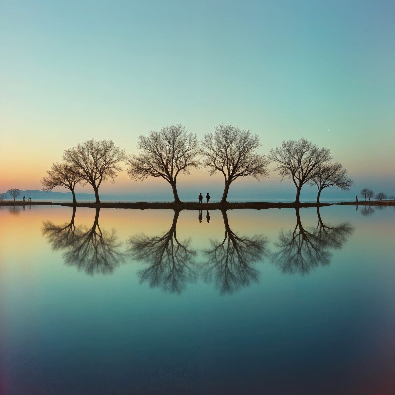 Ethereal moments at twilight by the tranquil lake with silhouetted trees and couples enjoying nature
