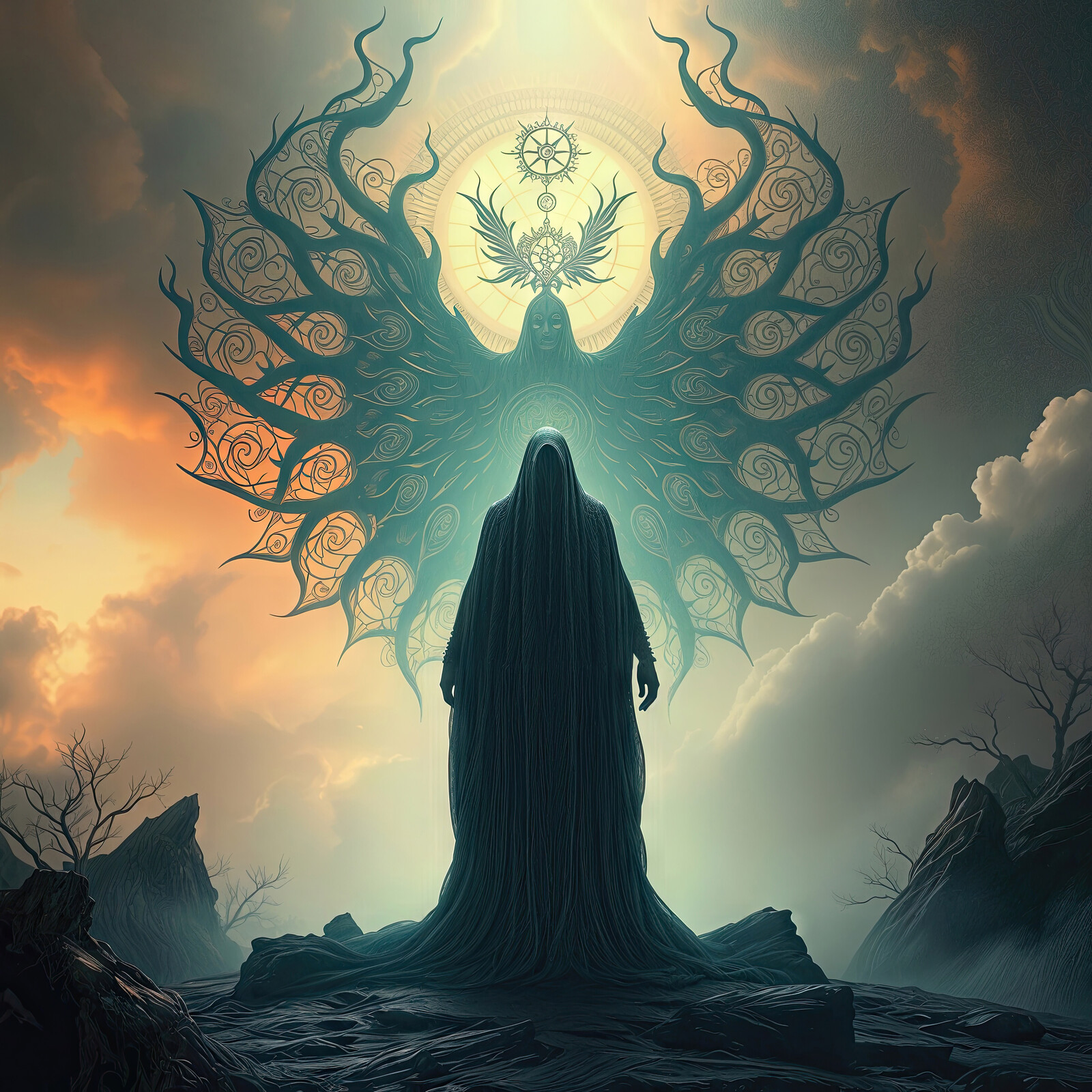 Ethereal necromancer standing before a mystical entity in a surreal landscape at twilight
