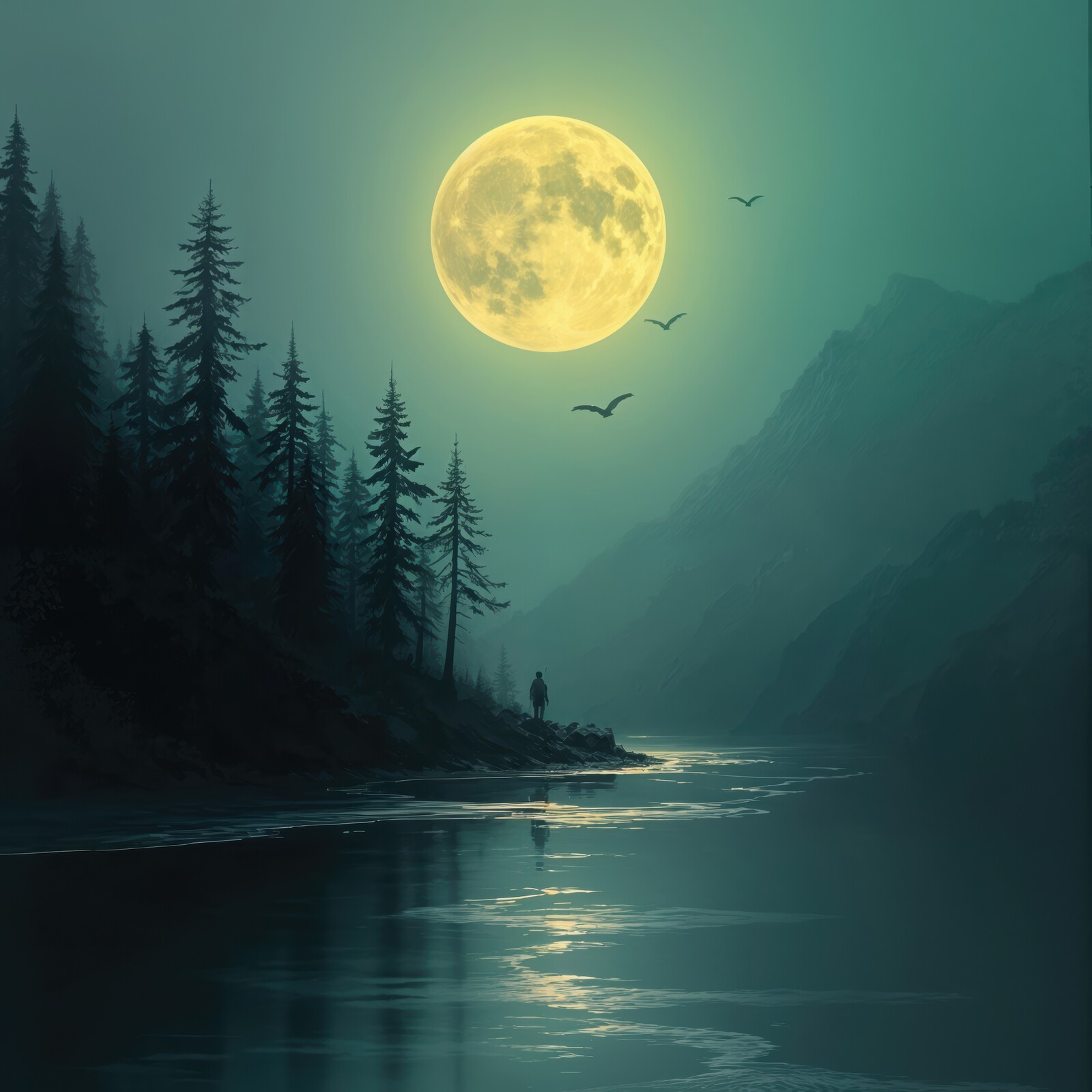 Ethereal night as full moon glows over tranquil river and tall pines in a misty valley