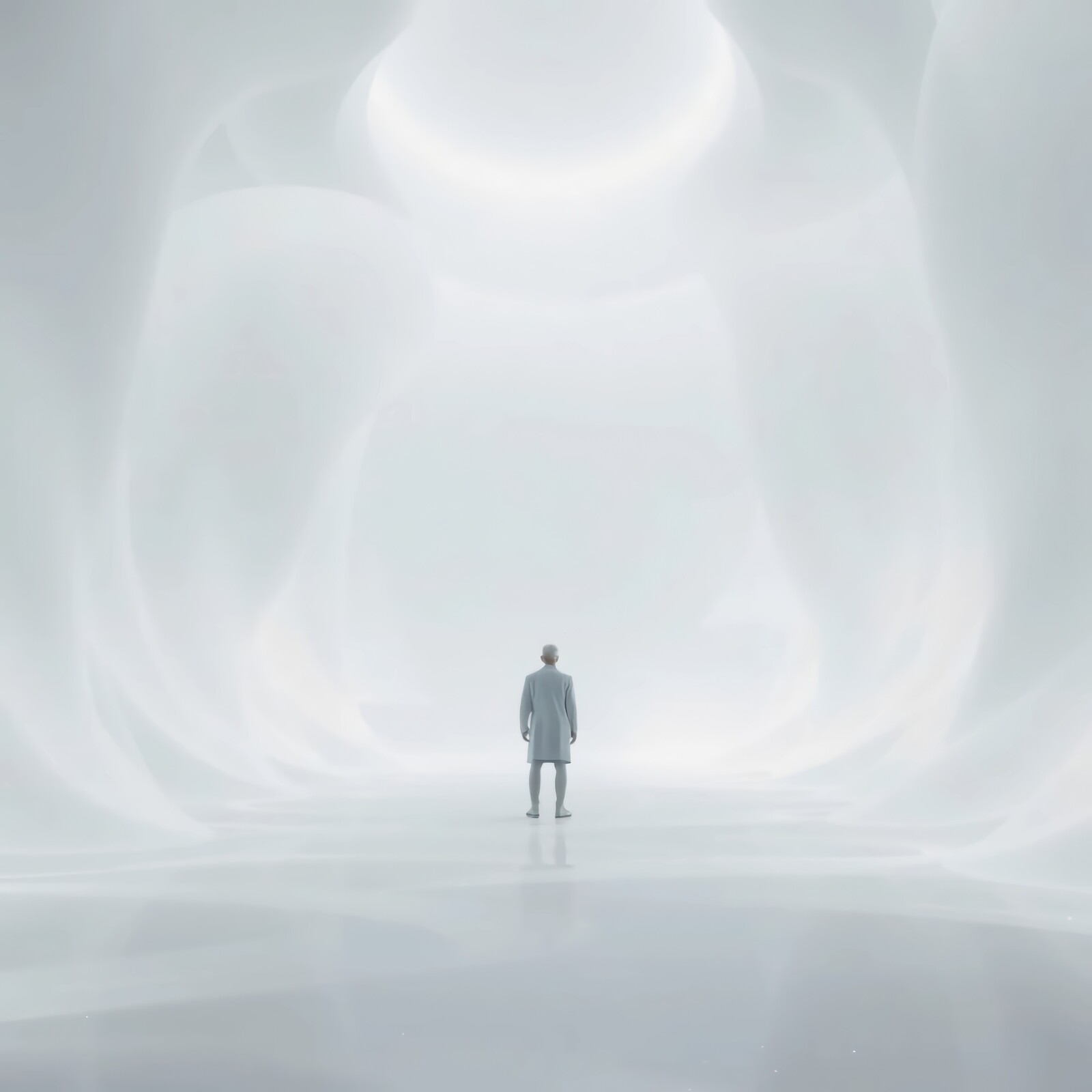 Exploring an ethereal landscape filled with mist and soft light in a futuristic setting