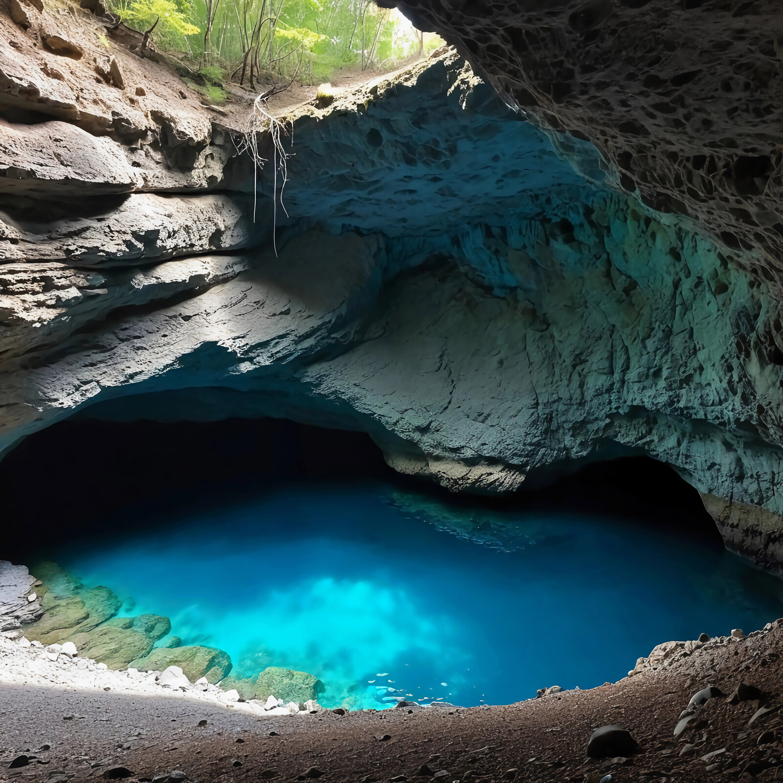 Exploring the serene beauty of an underground cave with a tranquil blue pool