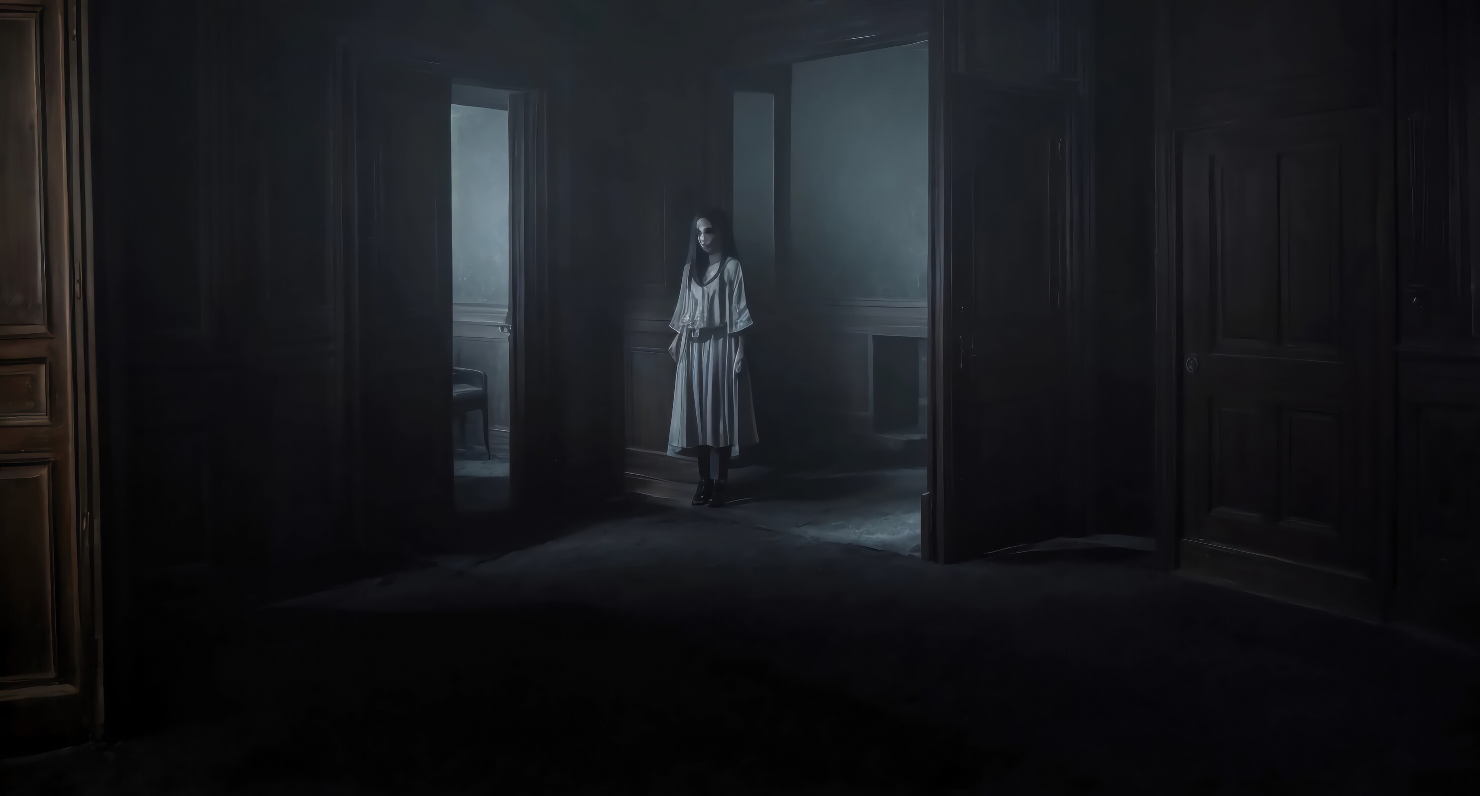 Mysterious figure emerges from shadows in an abandoned house at twilight