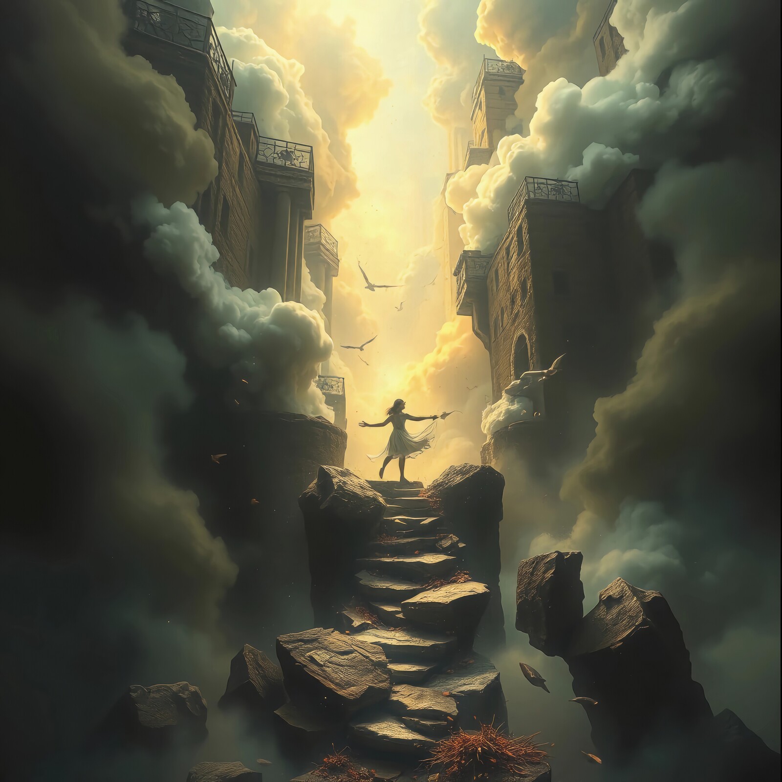 Mystical woman surrounded by crumbling ruins and swirling clouds in an ethereal landscape at dawn