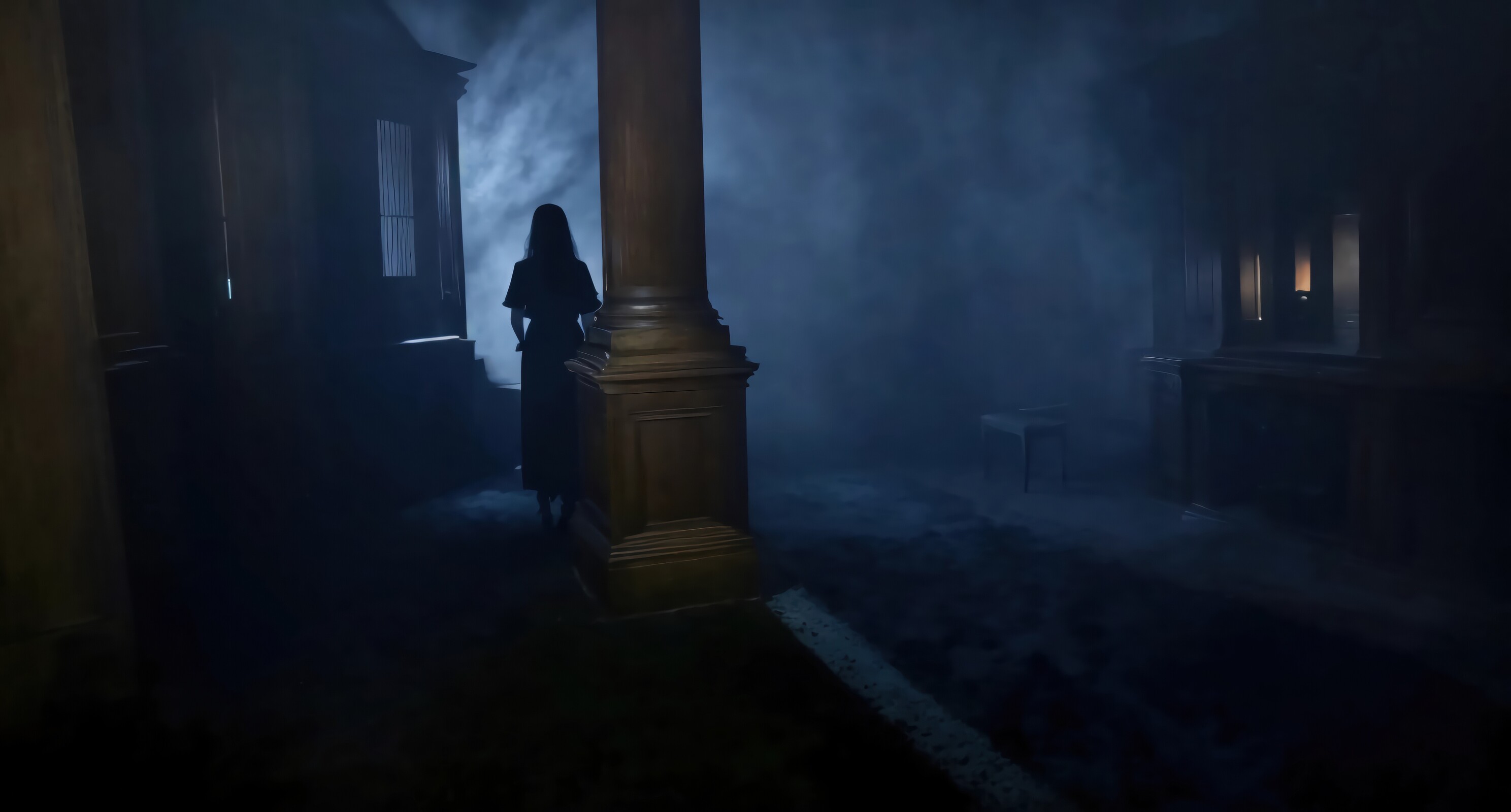 Mysterious figure walking through a foggy corridor of an ancient building at dusk