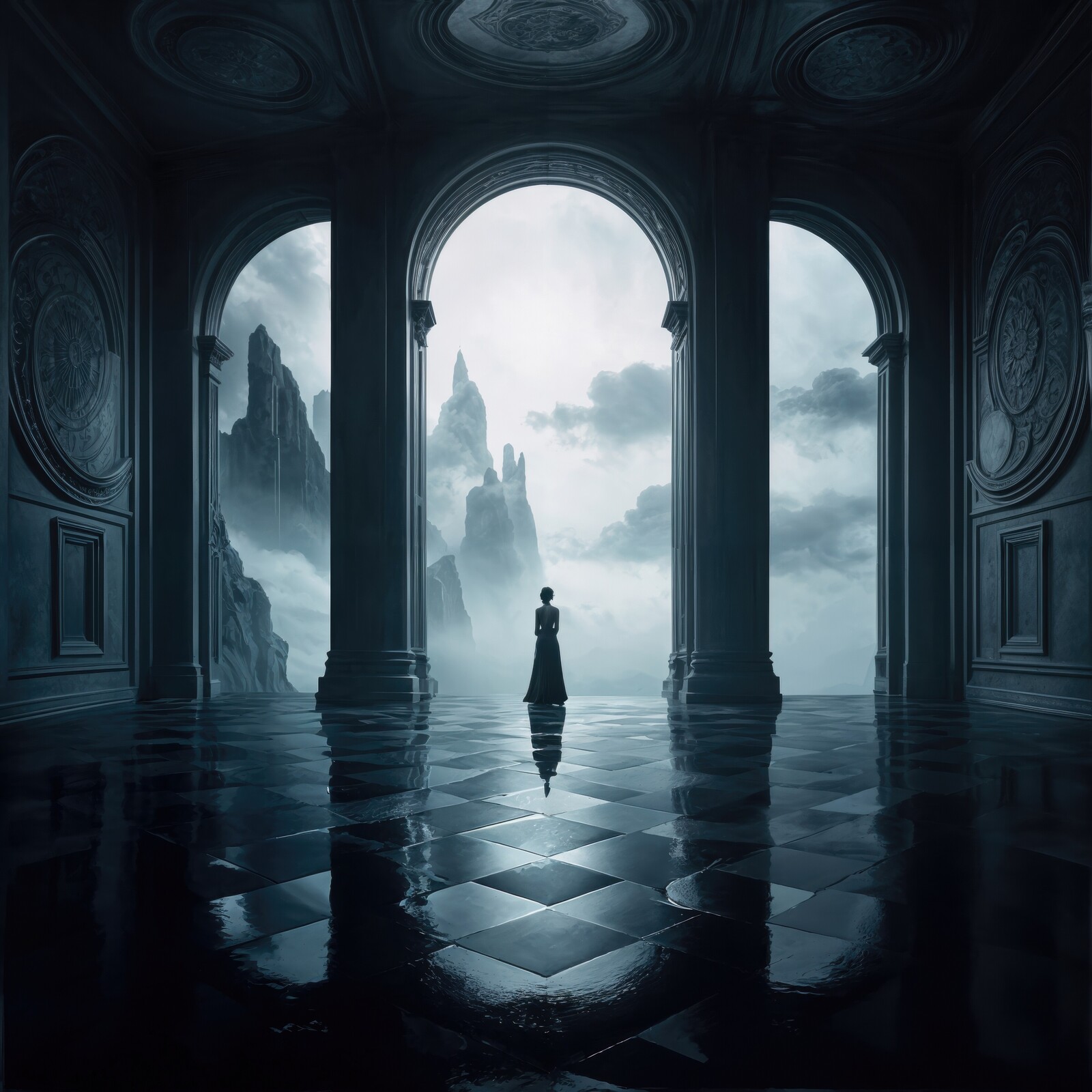 Enigmatic woman stands in a shadowy liminal hall, gazing at misty mountains in ethereal light