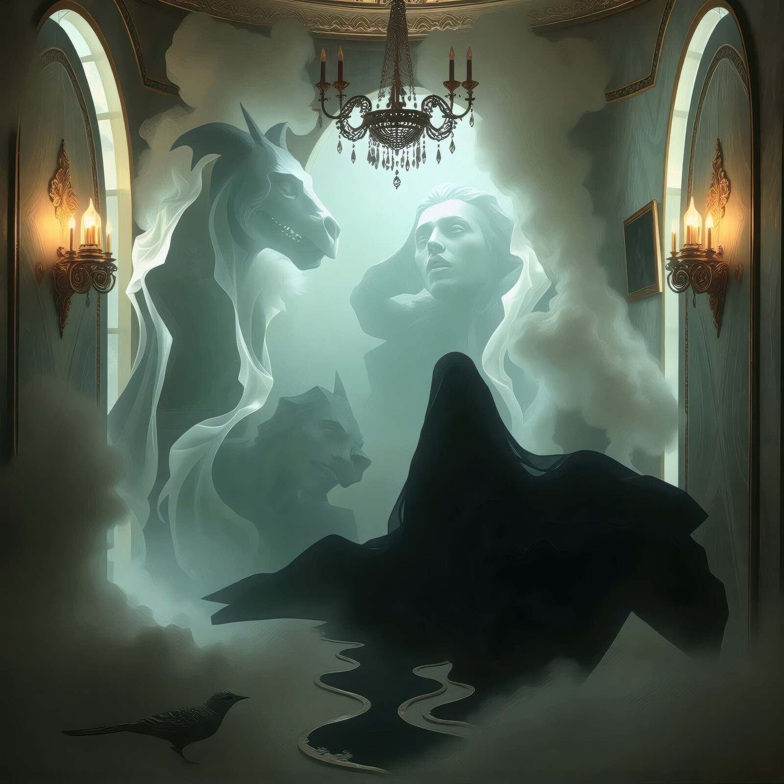 Enigmatic figures emerge from fog in an ethereal hall of shadows and whispers at twilight
