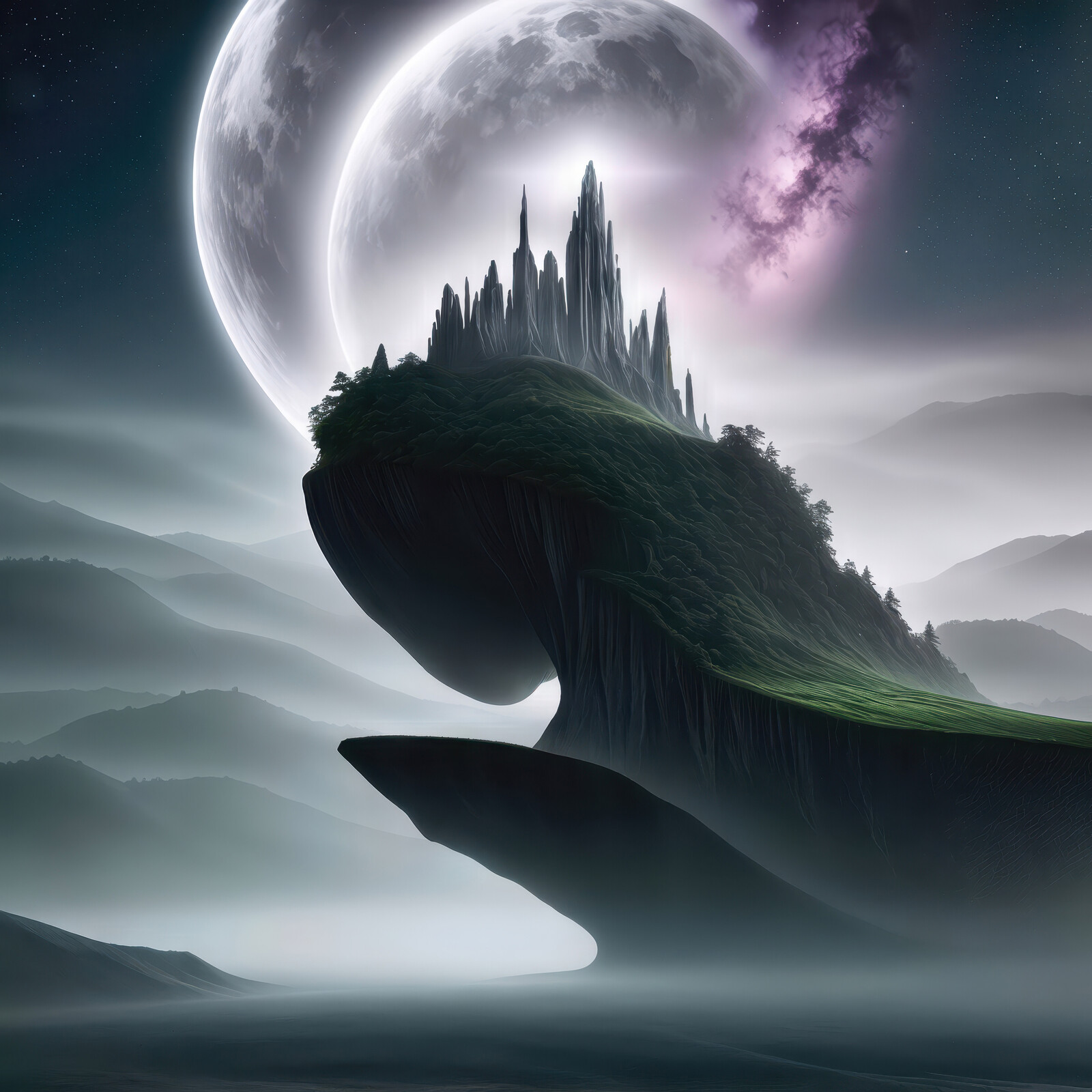 Majestic floating peak with a mystical castle under twin moons in a dreamy landscape