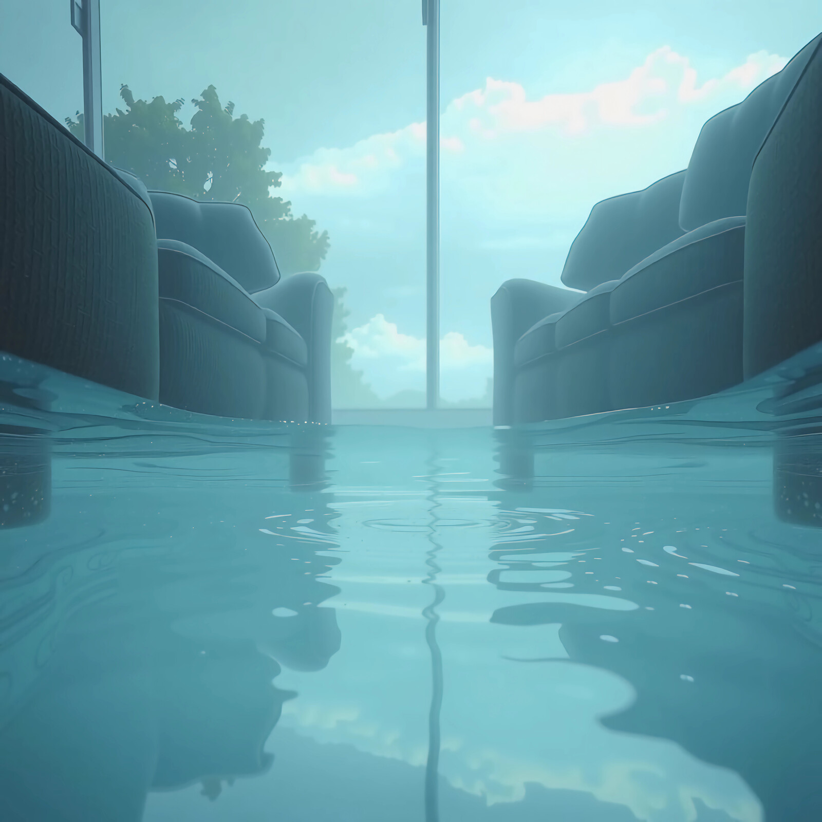 Flooded living room reveals submerged furniture amidst a serene, cloudy backdrop