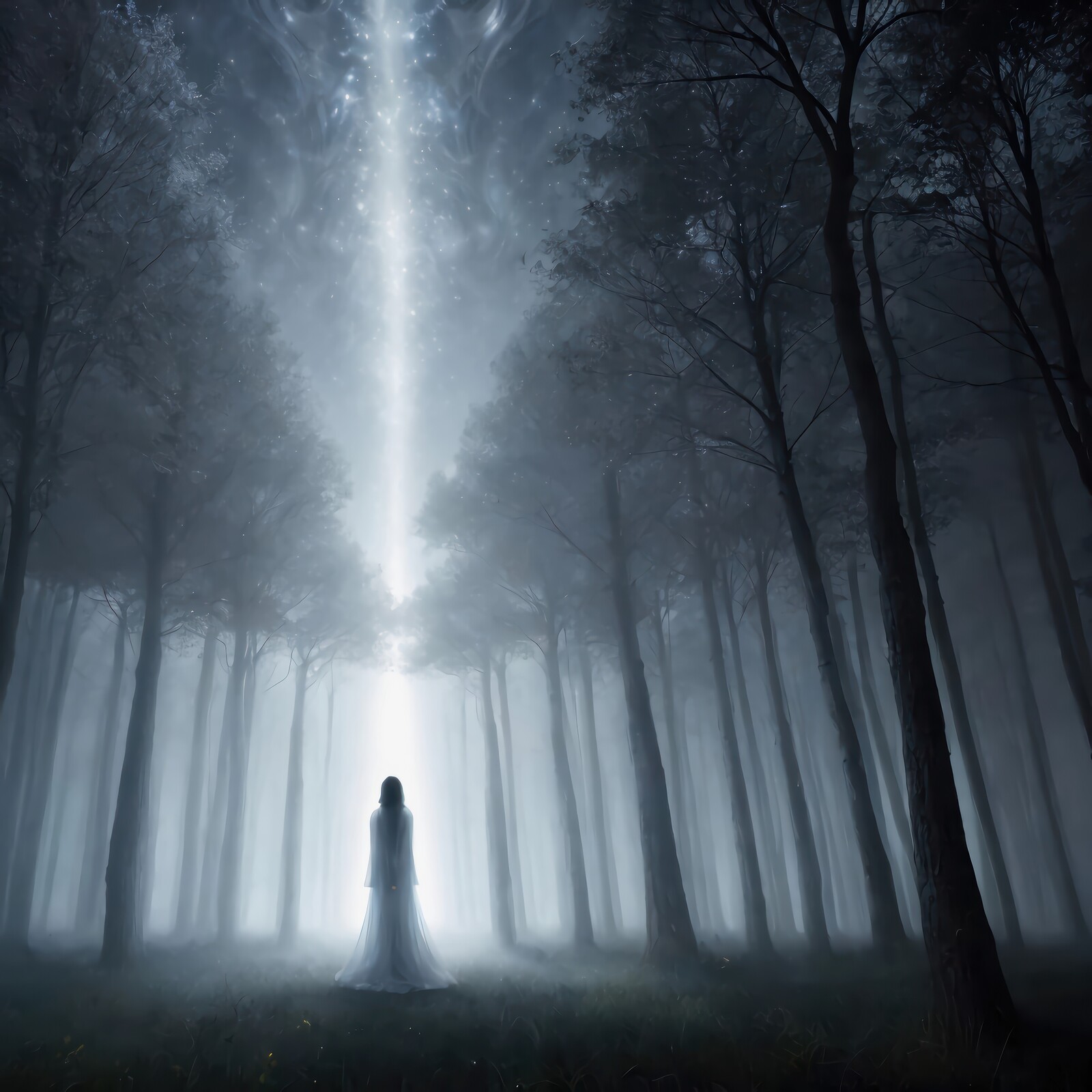 Mysterious figure stands in foggy forest beneath radiant light from the sky at twilight in a haunting atmosphere