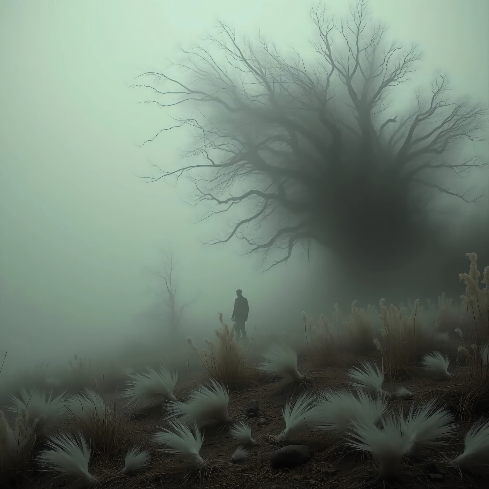 Mysterious man wandering through a foggy landscape with eerie trees at dusk