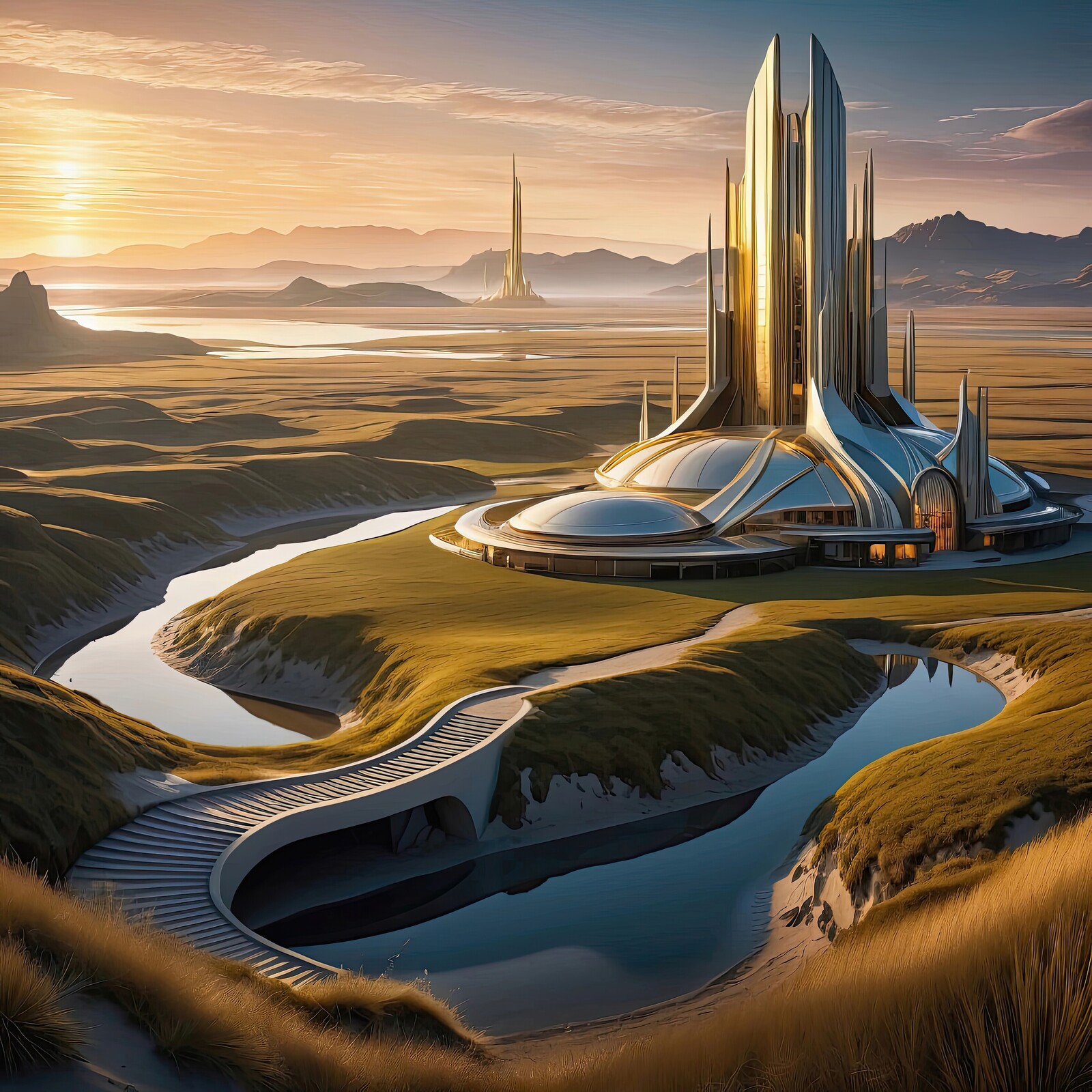 Futuristic architecture rises gracefully above serene landscapes at sunset