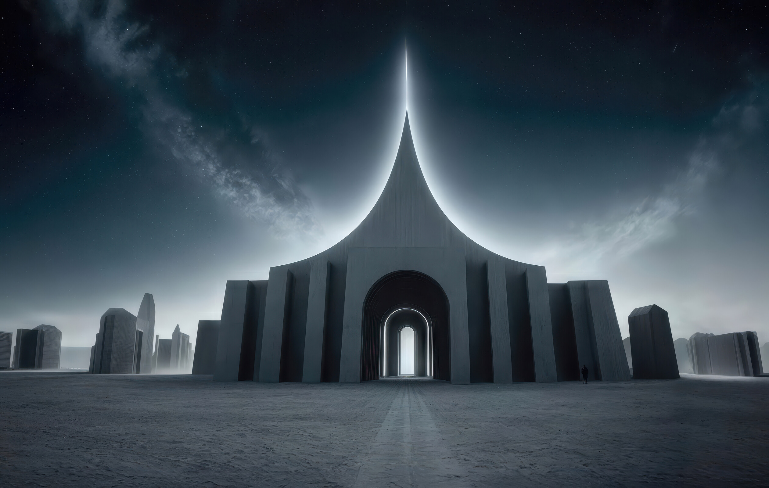 Majestic futuristic architecture under a starlit sky captures the essence of a serene dusk