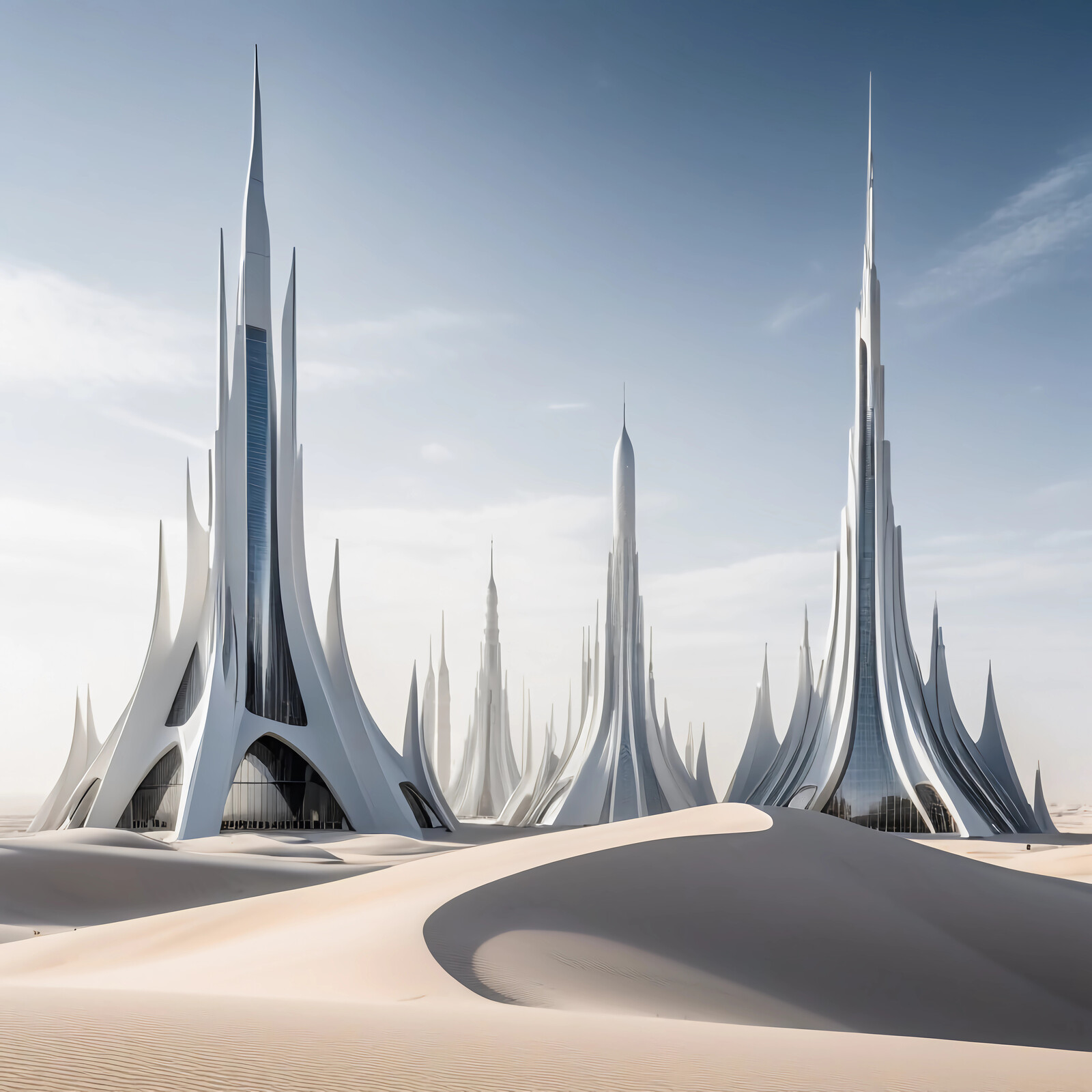 Futuristic cityscape rises from golden sands under a bright blue sky in a surreal desert landscape