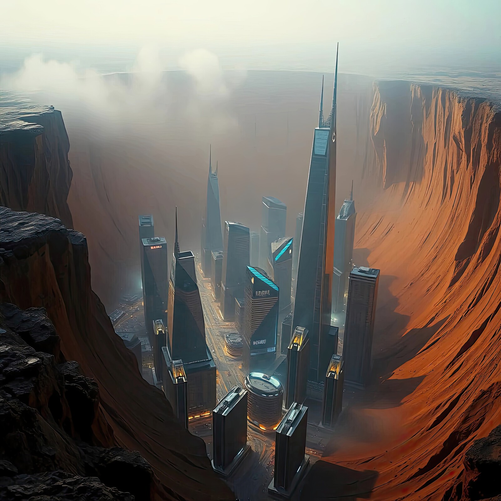 Futuristic city nestled in a canyon showcasing towering skyscrapers and vibrant lights at dawn