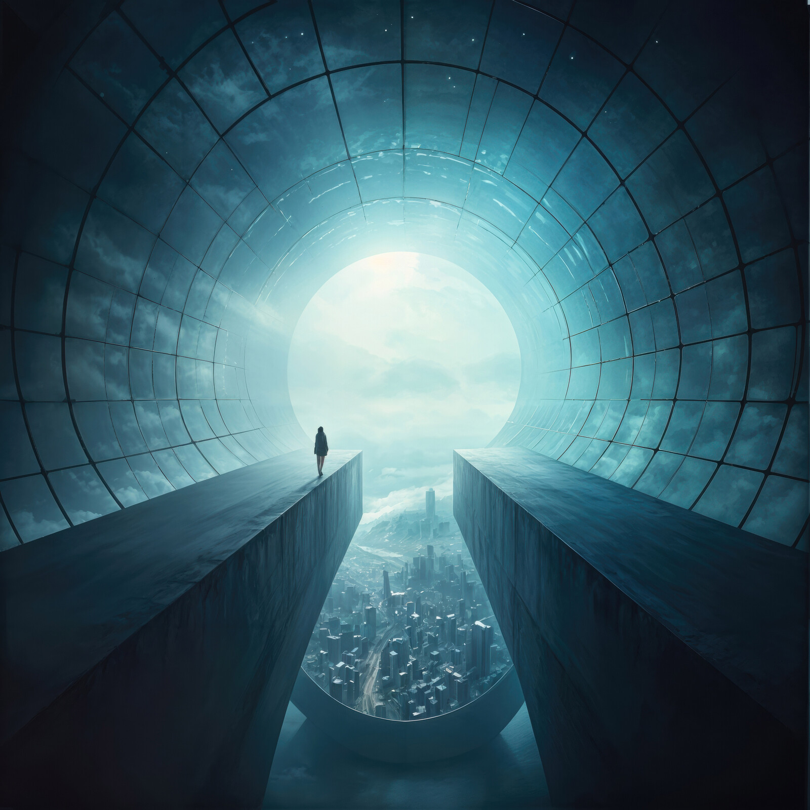 Exploring the vastness of a futuristic realm with a solitary figure against a surreal backdrop