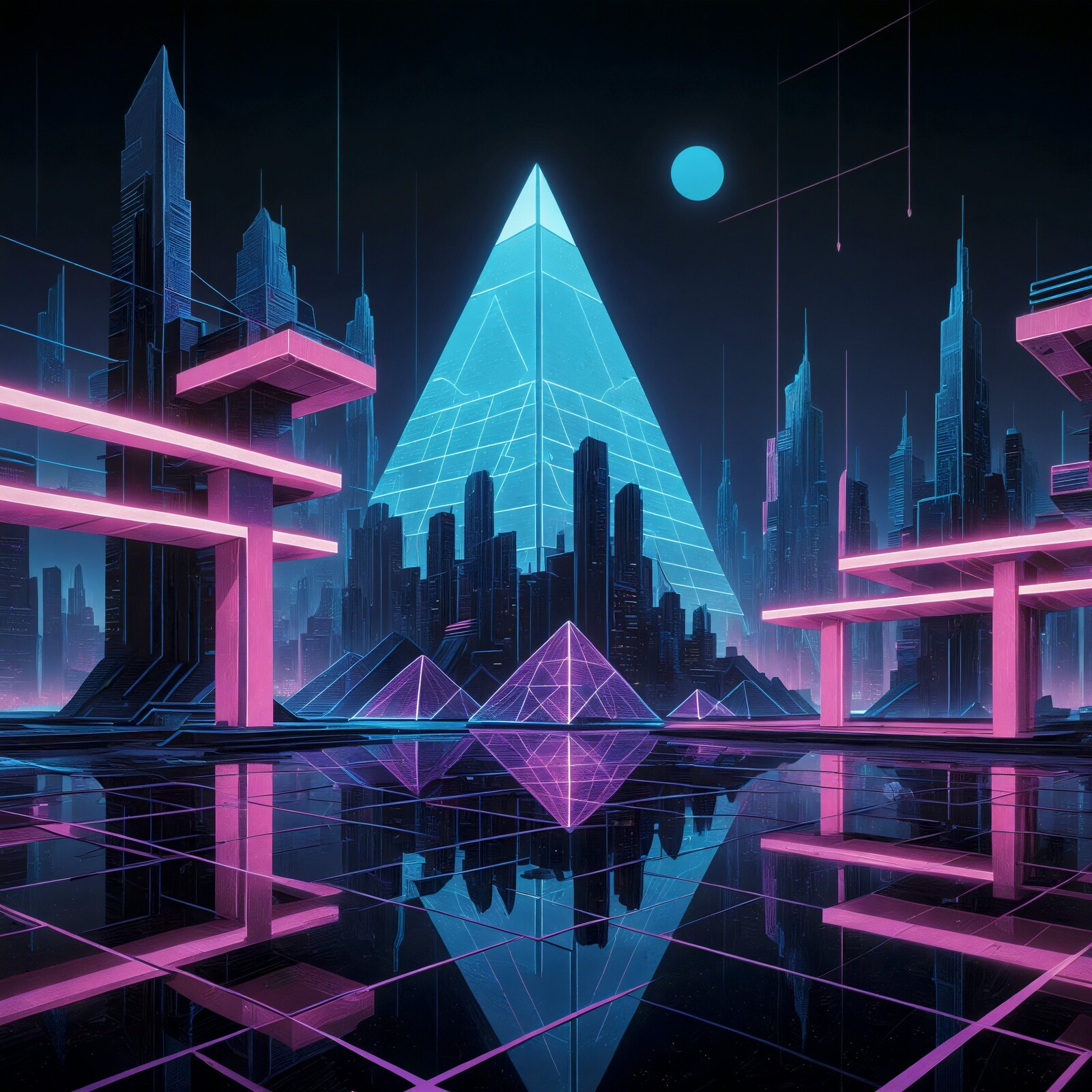 Vibrant geometric landscape with neon elements and futuristic architecture