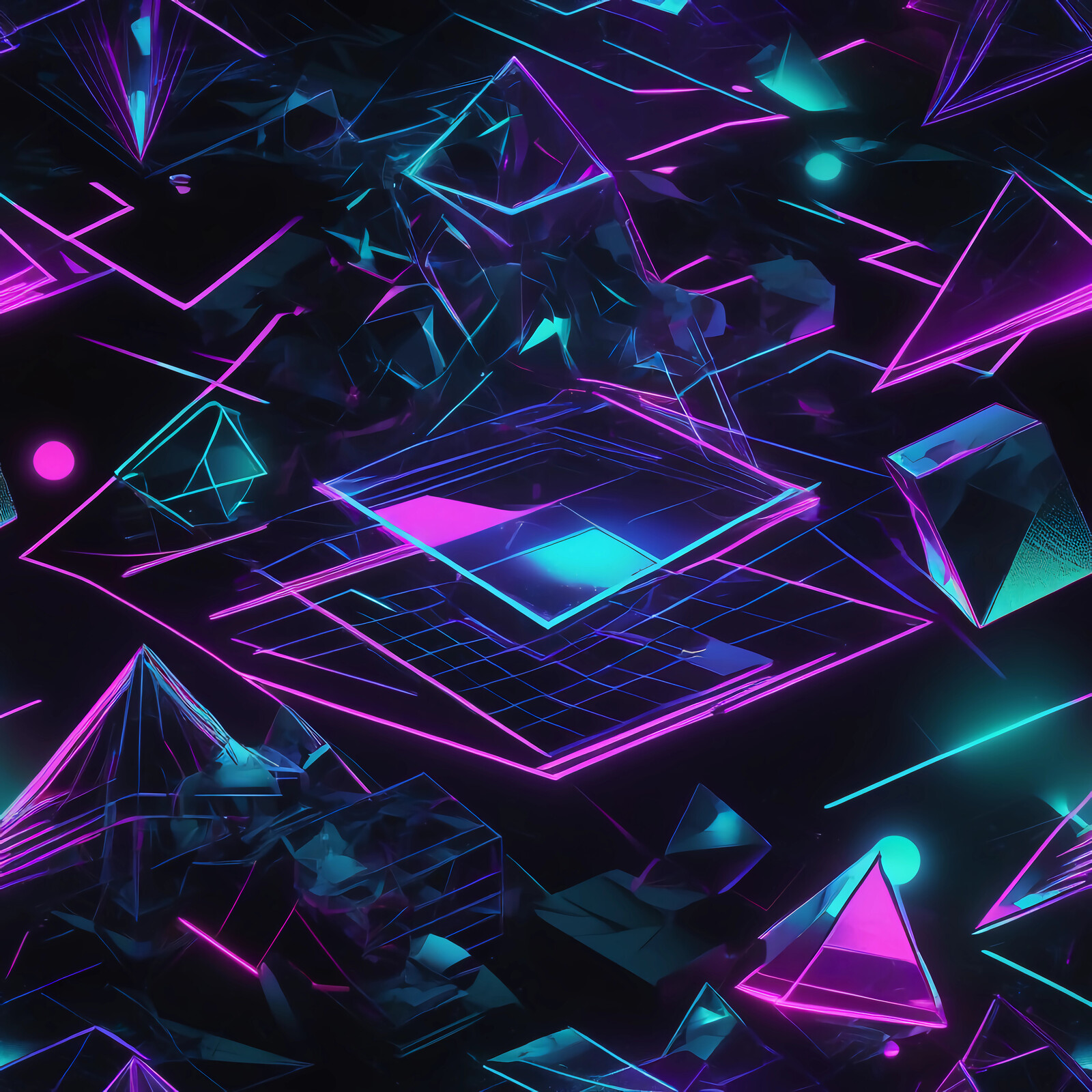 Vibrant synthwave geometric shapes create a mesmerizing abstract world infused with neon colors and dynamic energy