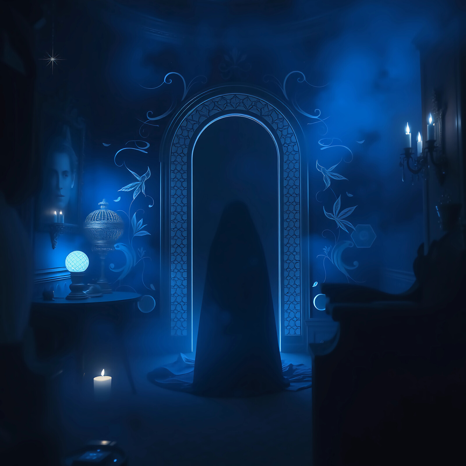 Mysterious figure shrouded in shadows before a glowing archway in a dimly lit chamber