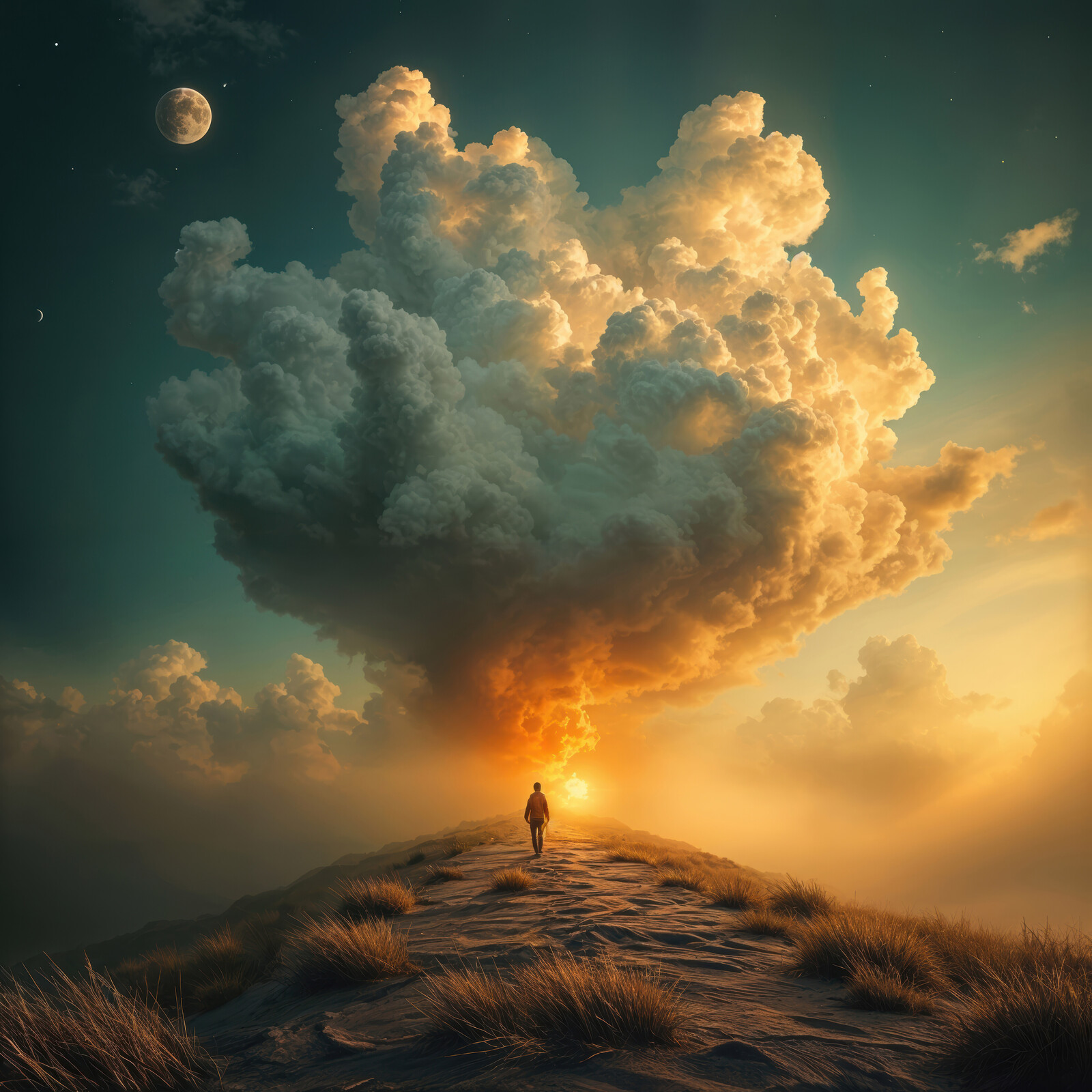 Journey towards the glowing horizon beneath an expansive sky filled with dramatic clouds