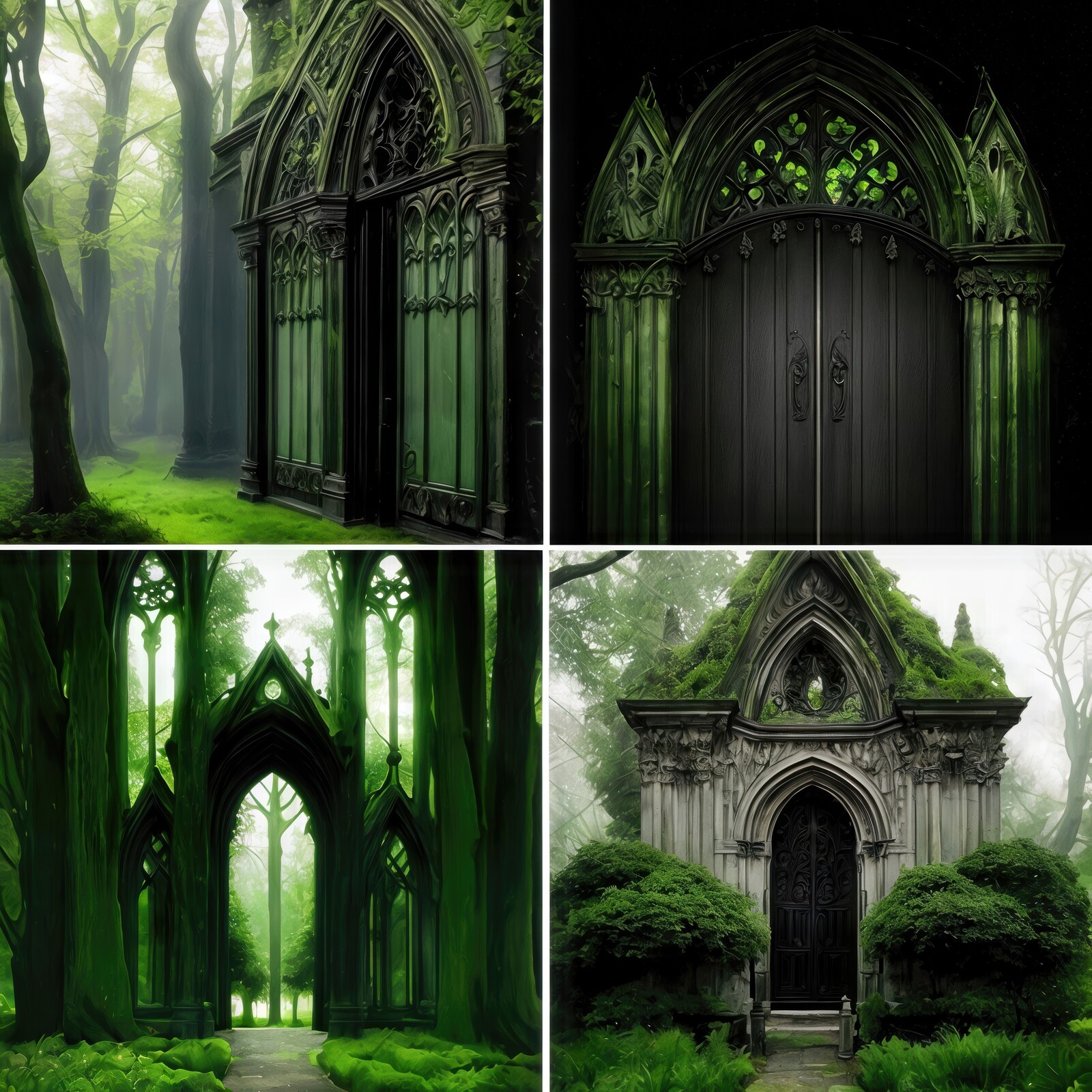 Enchanted Gothic architecture surrounded by lush greenery in a mystical forest setting