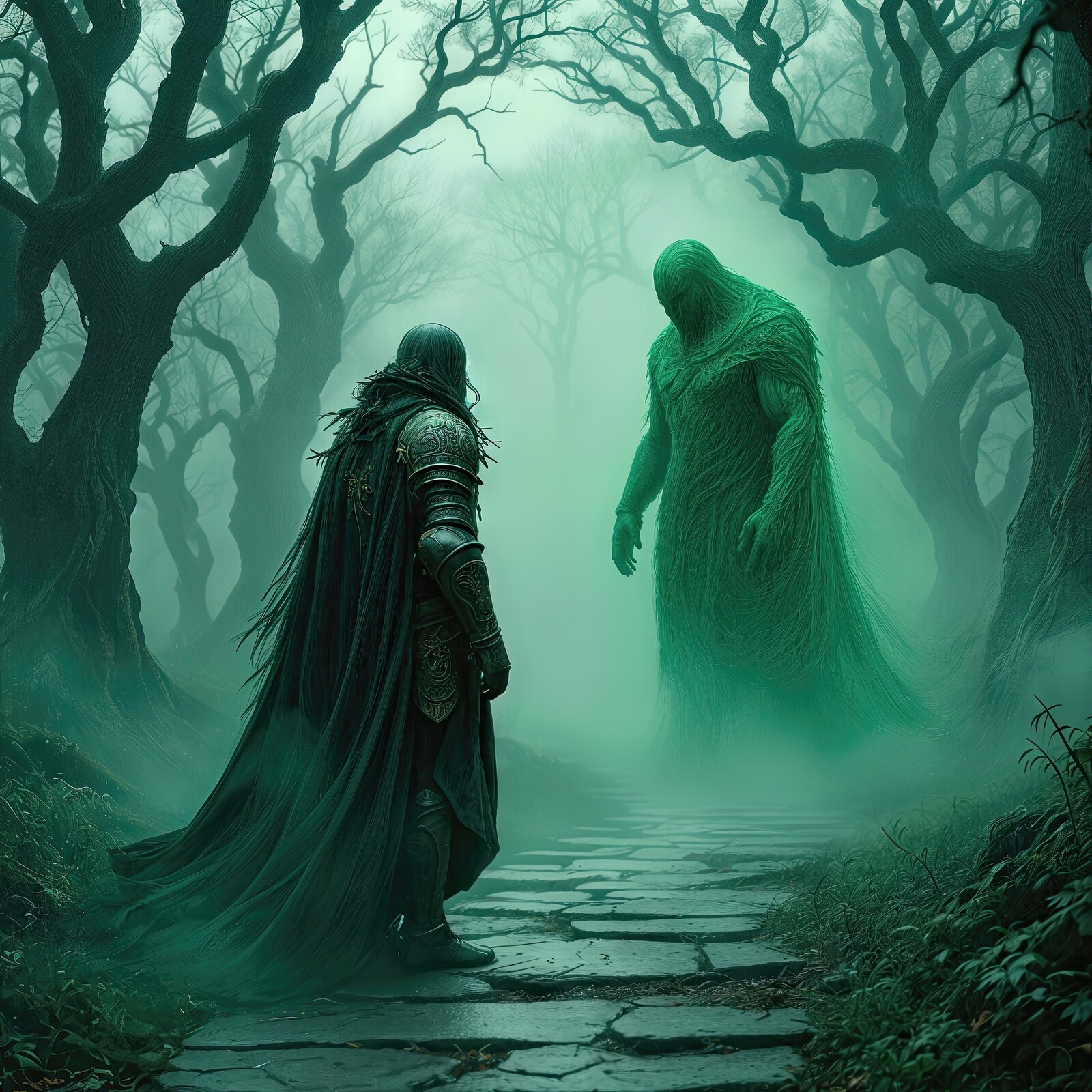Green knight confronts mystical guardian in an enchanted forest shrouded in mist and mystery