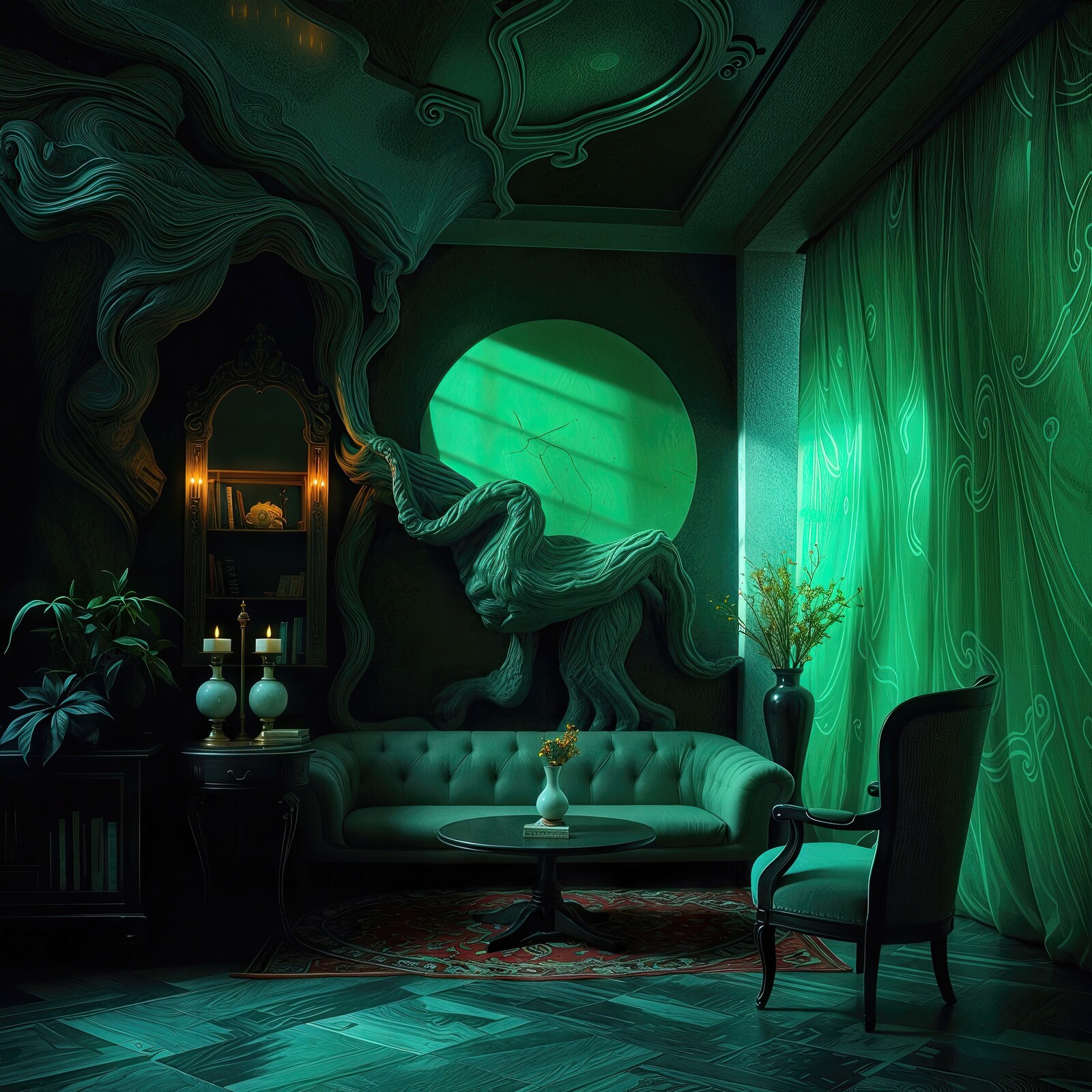 Exploring a mystical living room illuminated by a green moon at night