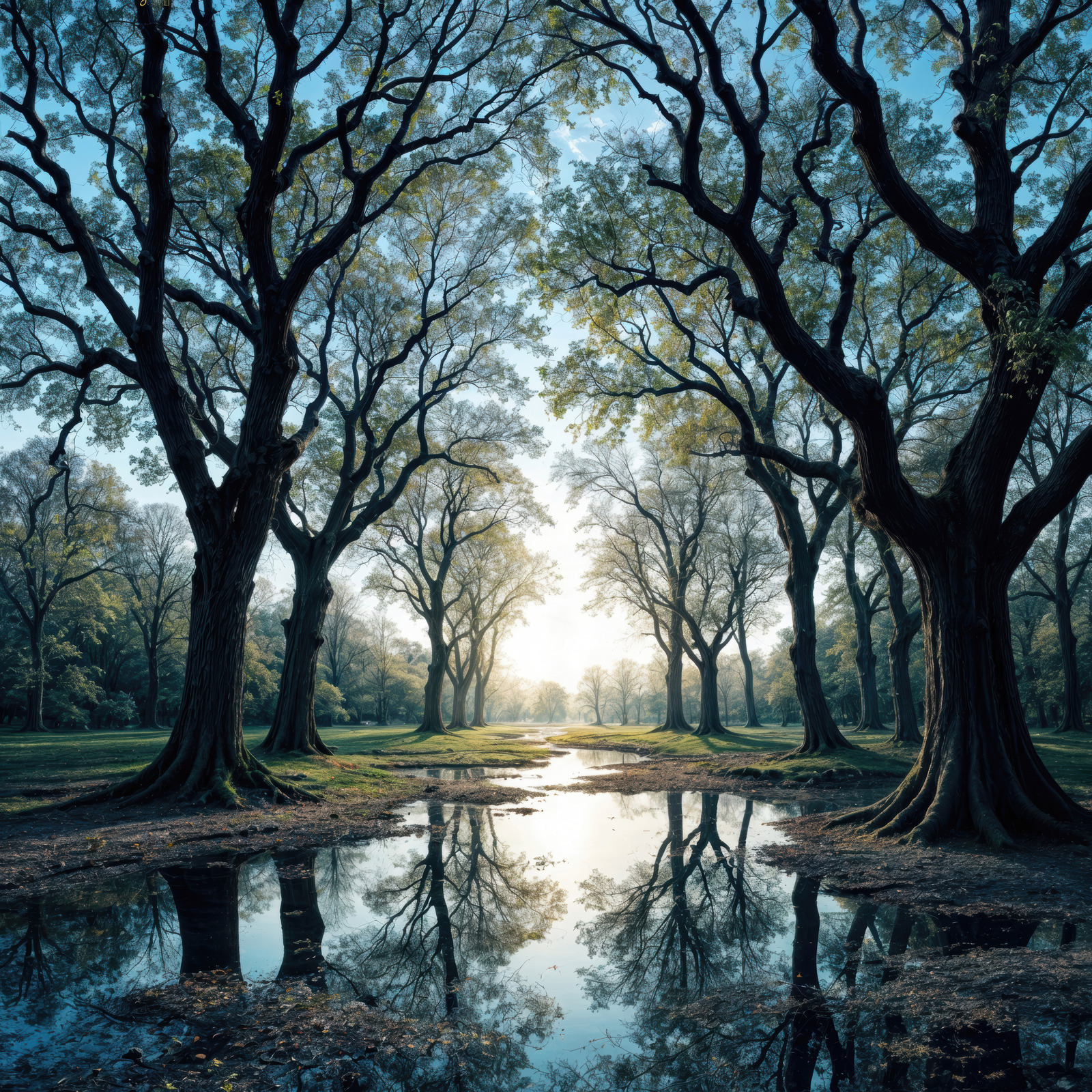 Mysterious reflections in a tranquil grove at dusk revealing a liminal landscape