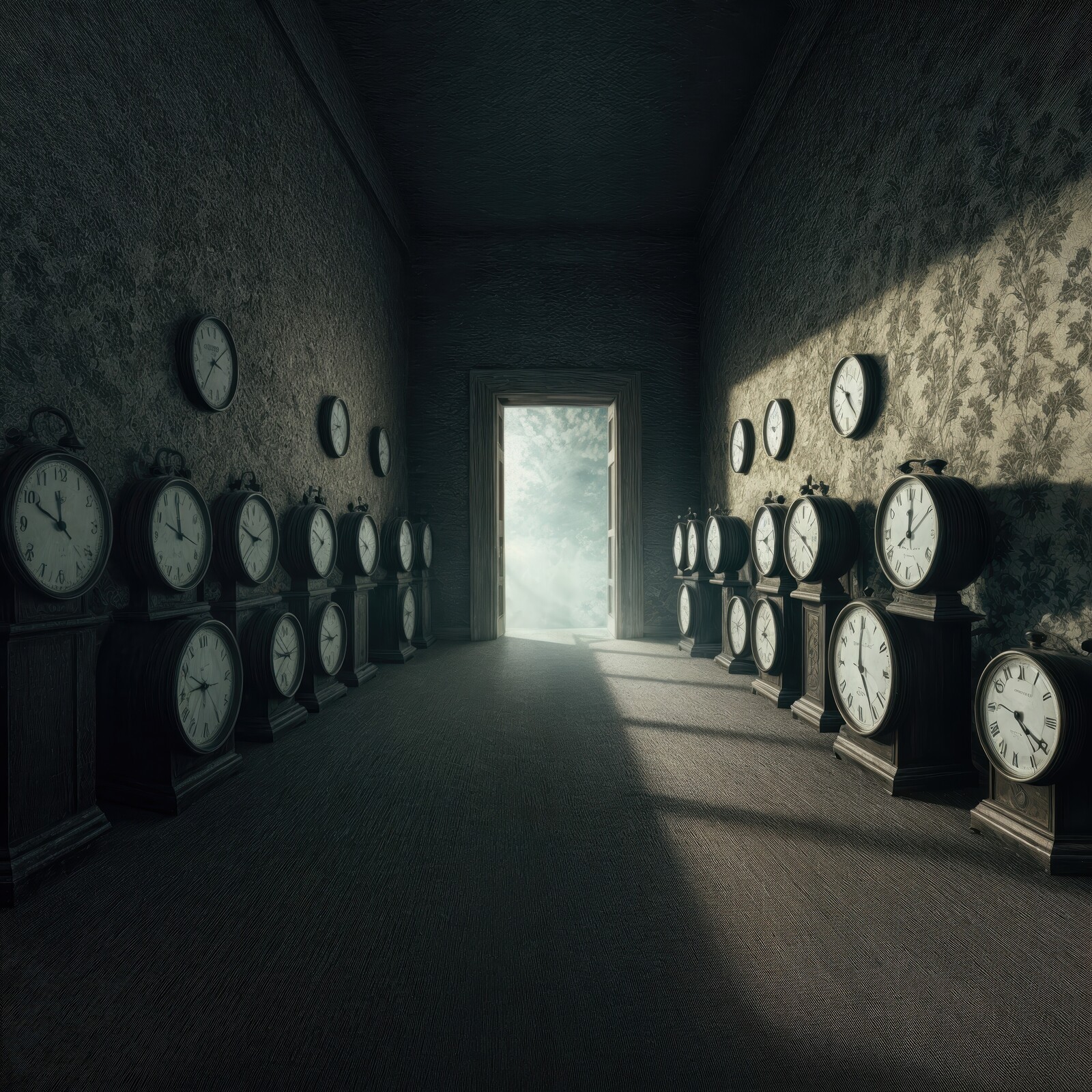Mystical hallway filled with clocks leading to an unseen realm at dusk