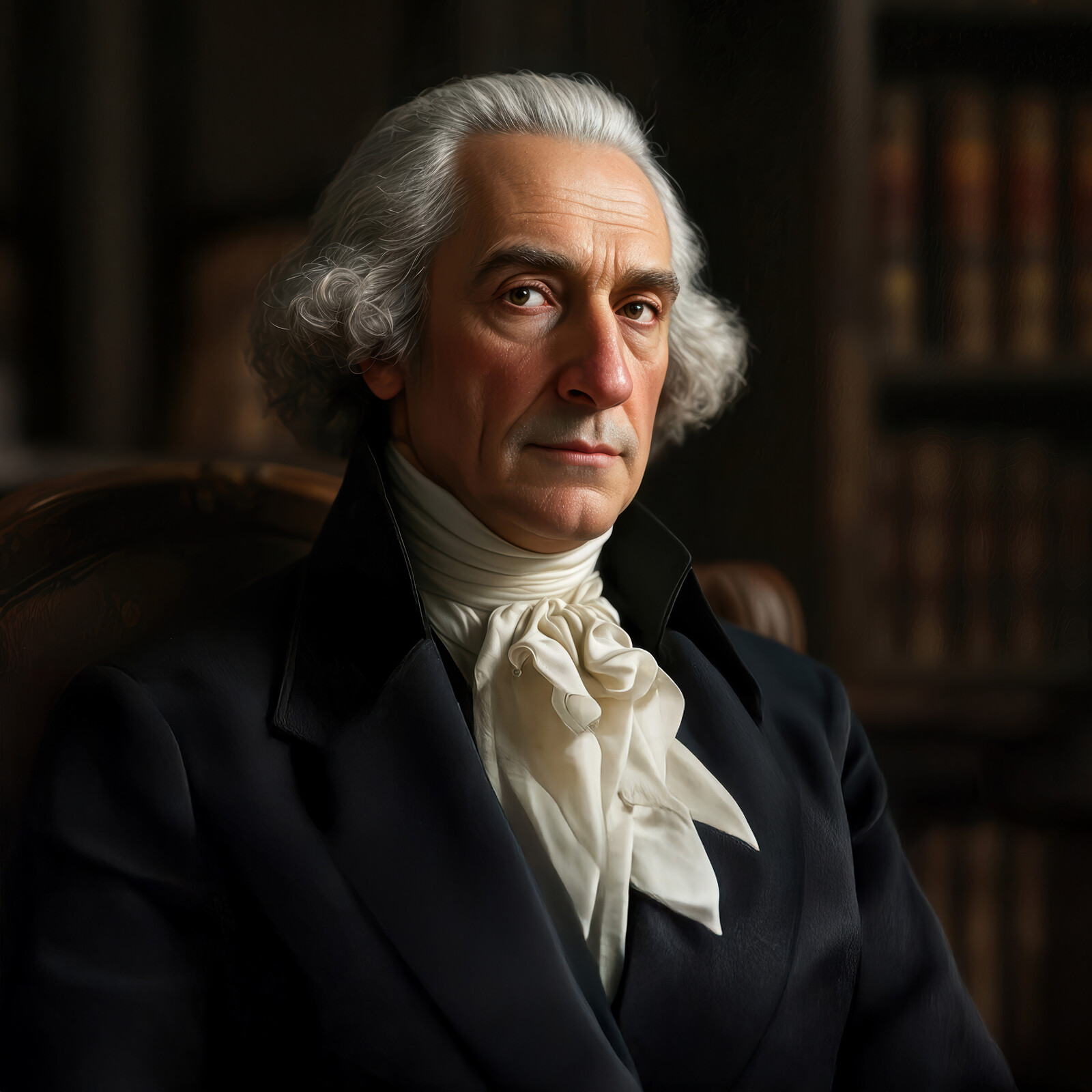 Historical figure seated elegantly in a library, exuding wisdom and charm in a classic portrait