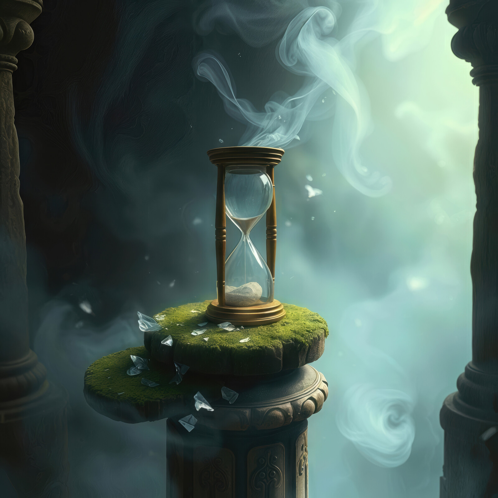 Mystical hourglass resting atop ancient ruins, surrounded by ethereal mist and shattered glass