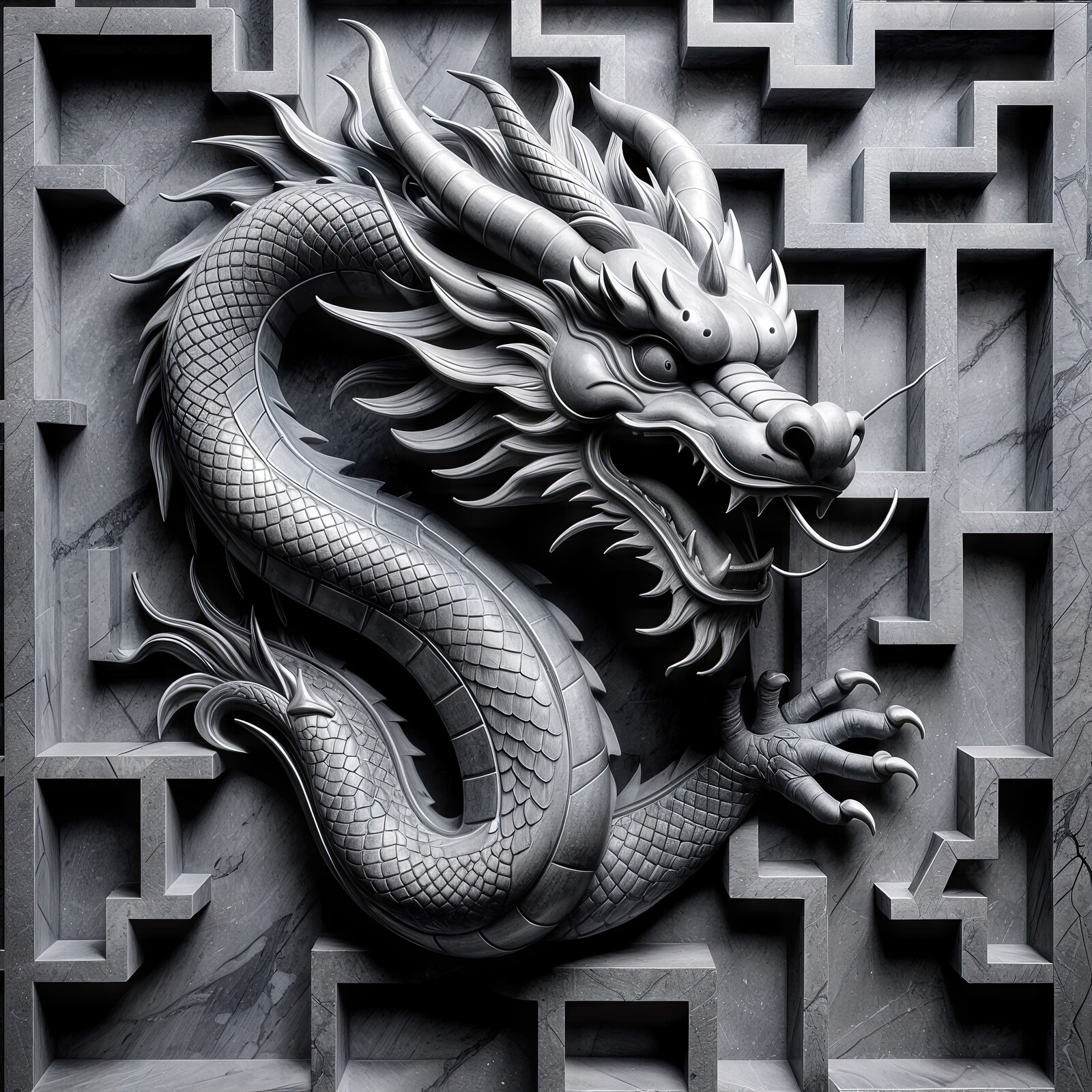 Intricate dragon relief blending artistry and mythology in a stunning black and white marble design