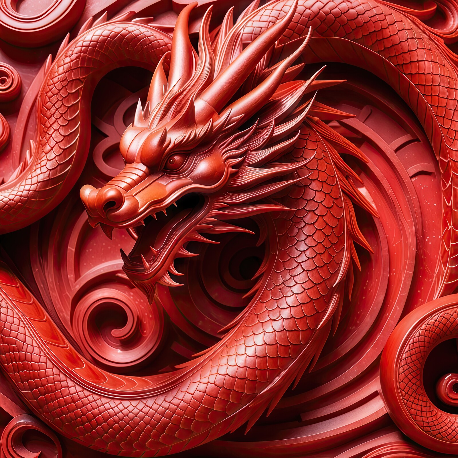 Intricate red dragon carving showcases mythical craftsmanship and artistry from ancient traditions