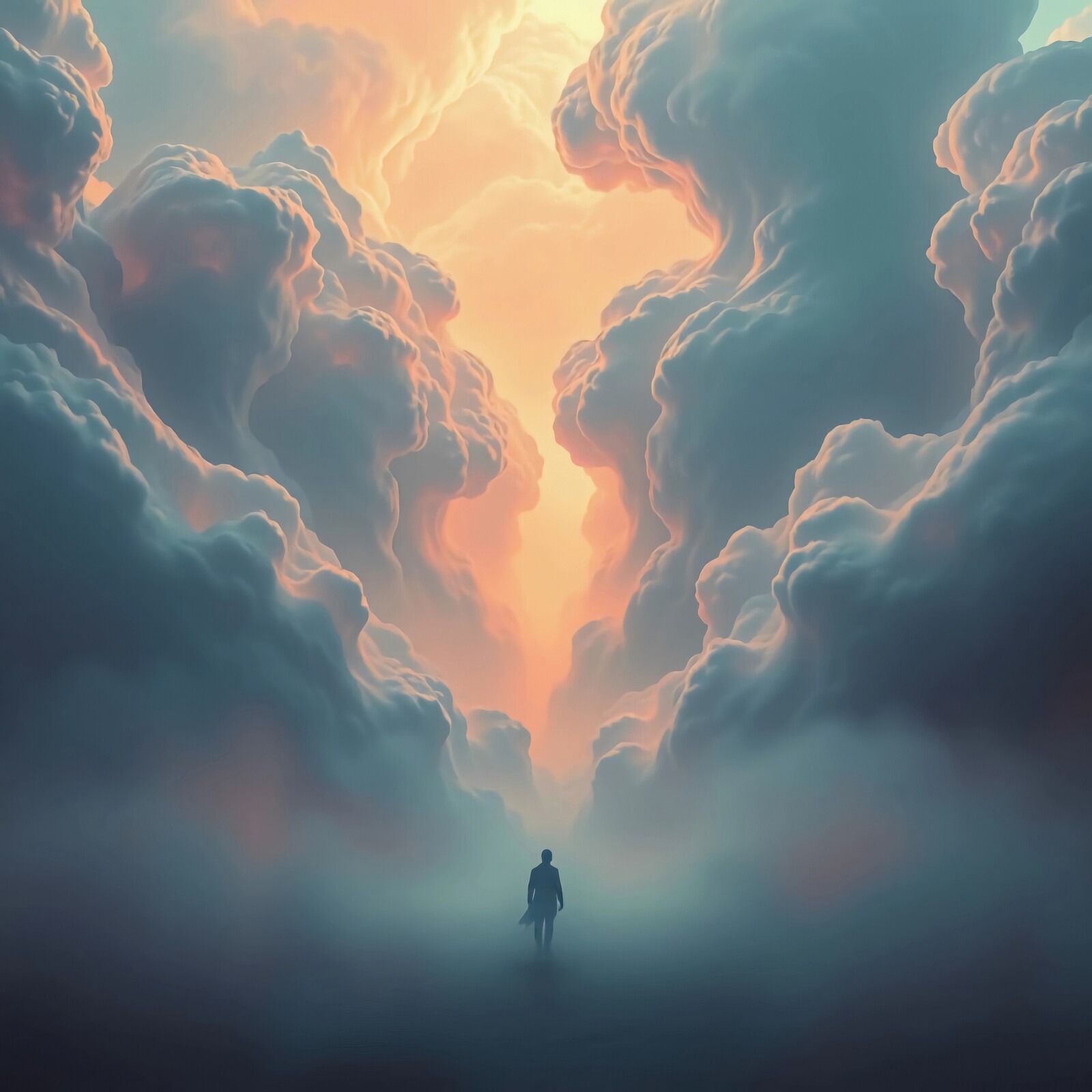 Journey through ethereal clouds at twilight, a solitary figure embracing the surreal atmosphere