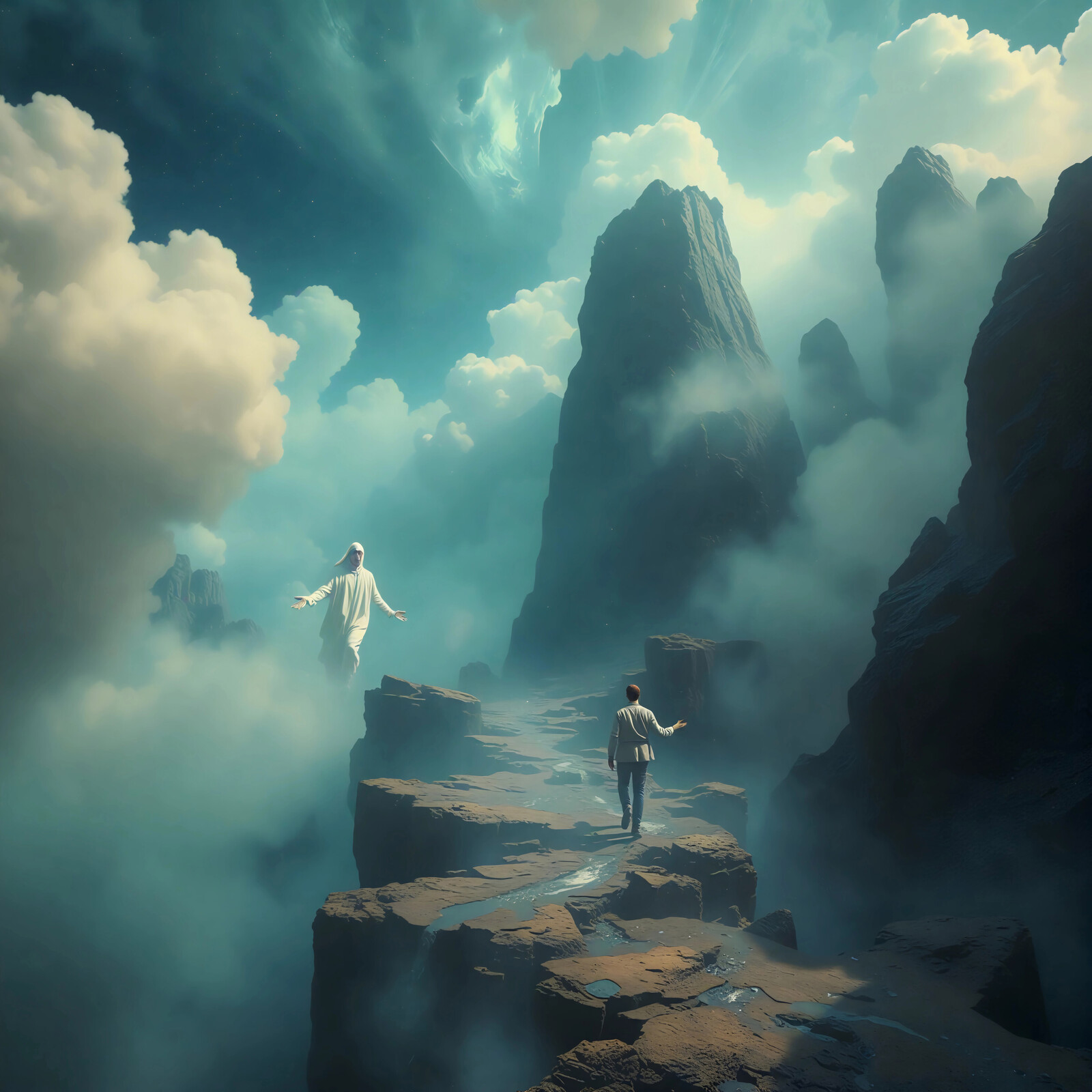 Journey through a mystical landscape where spirits guide lost souls towards enlightenment