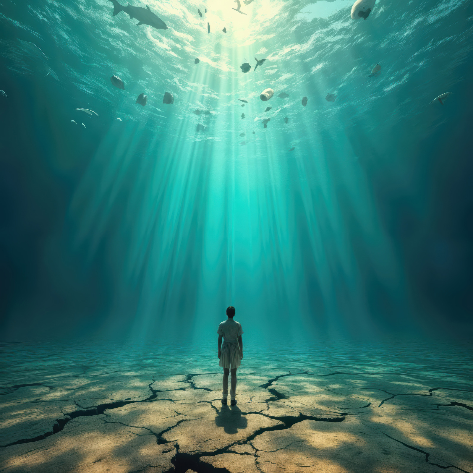 Exploring liminal spaces where dry land meets surreal underwater visions at twilight