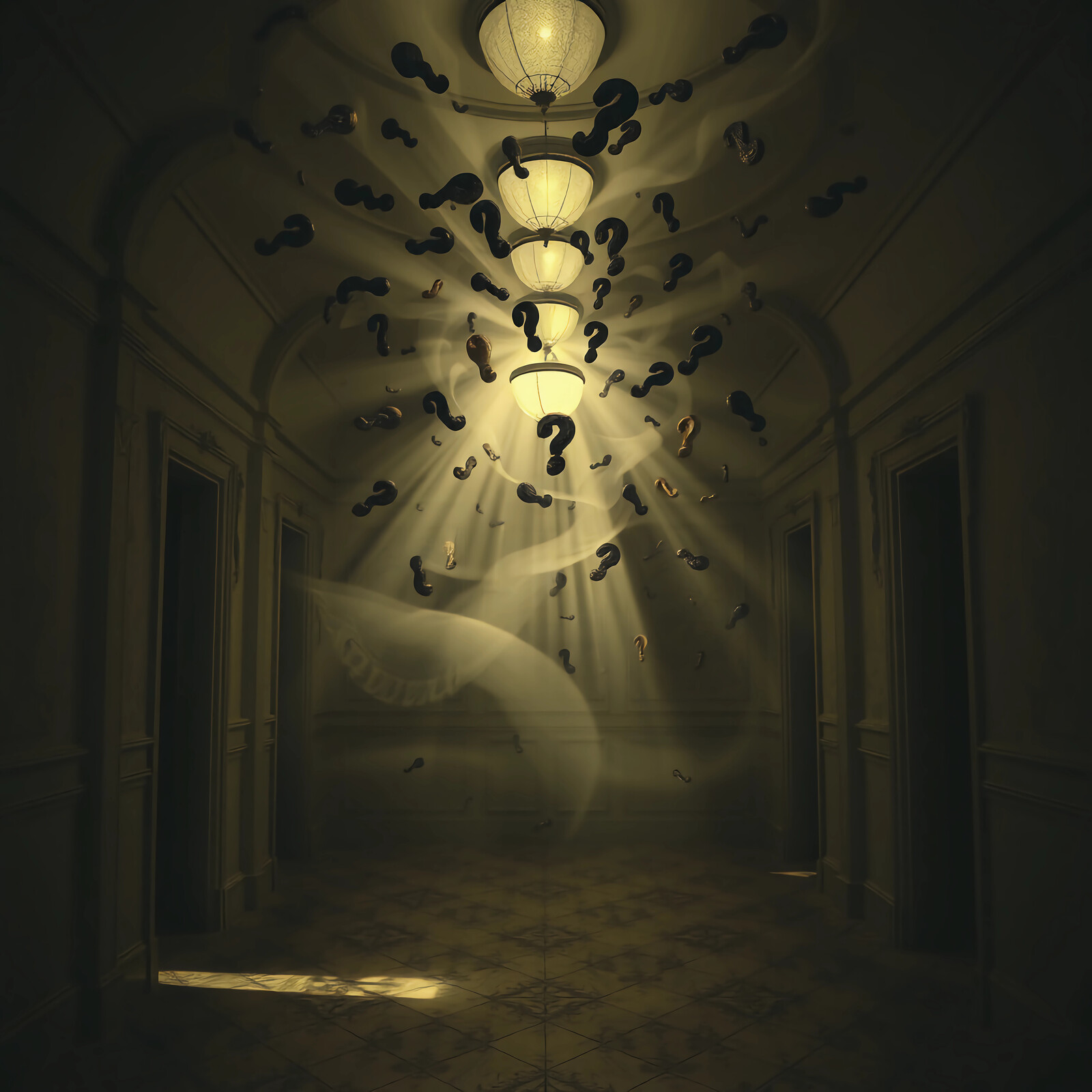 Light filters through a surreal corridor filled with floating question marks and shadows