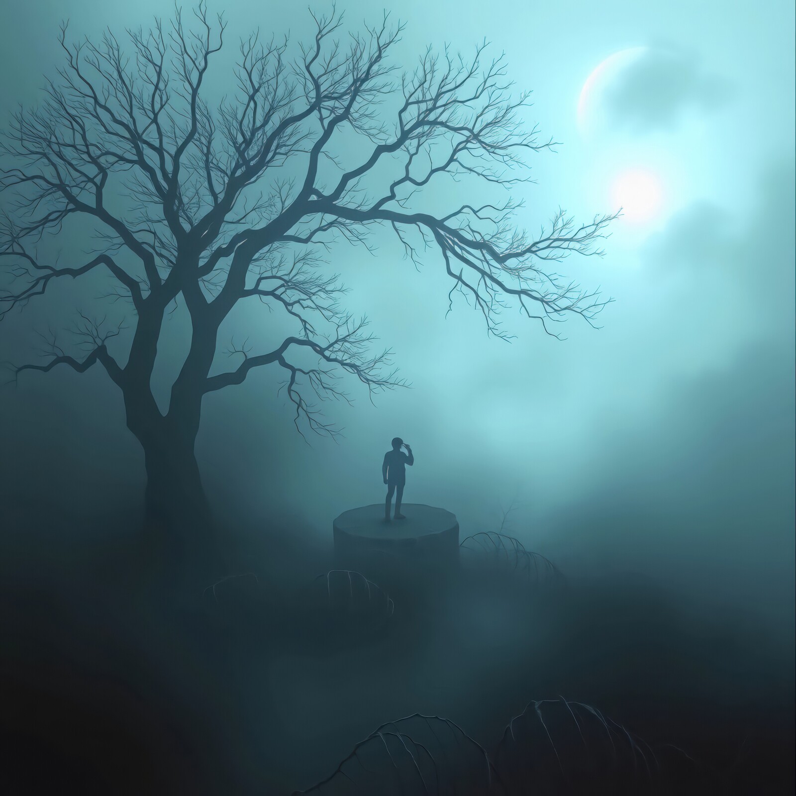 Lonely figure stands on a stump under a haunting moonlit sky