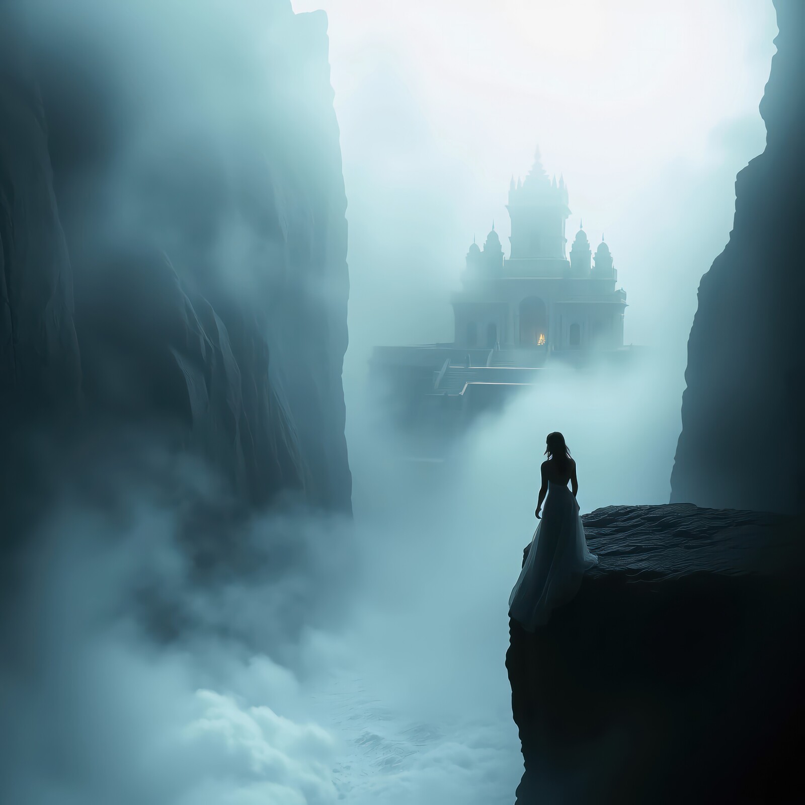 Mystical encounter between a lone woman and an ancient temple shrouded in mist at dusk